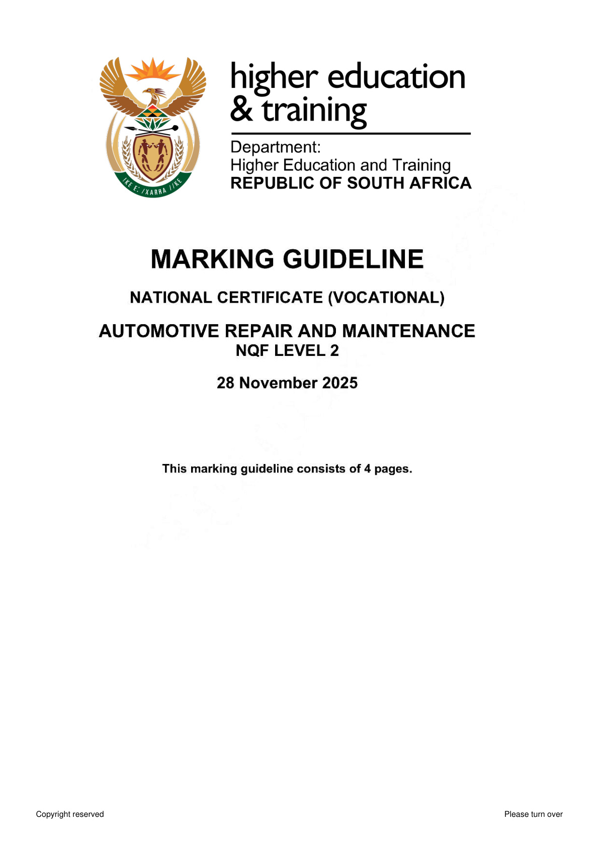 Automotive Repair and Maintenance Level 2 DHET NCV November 2025 - Memo
