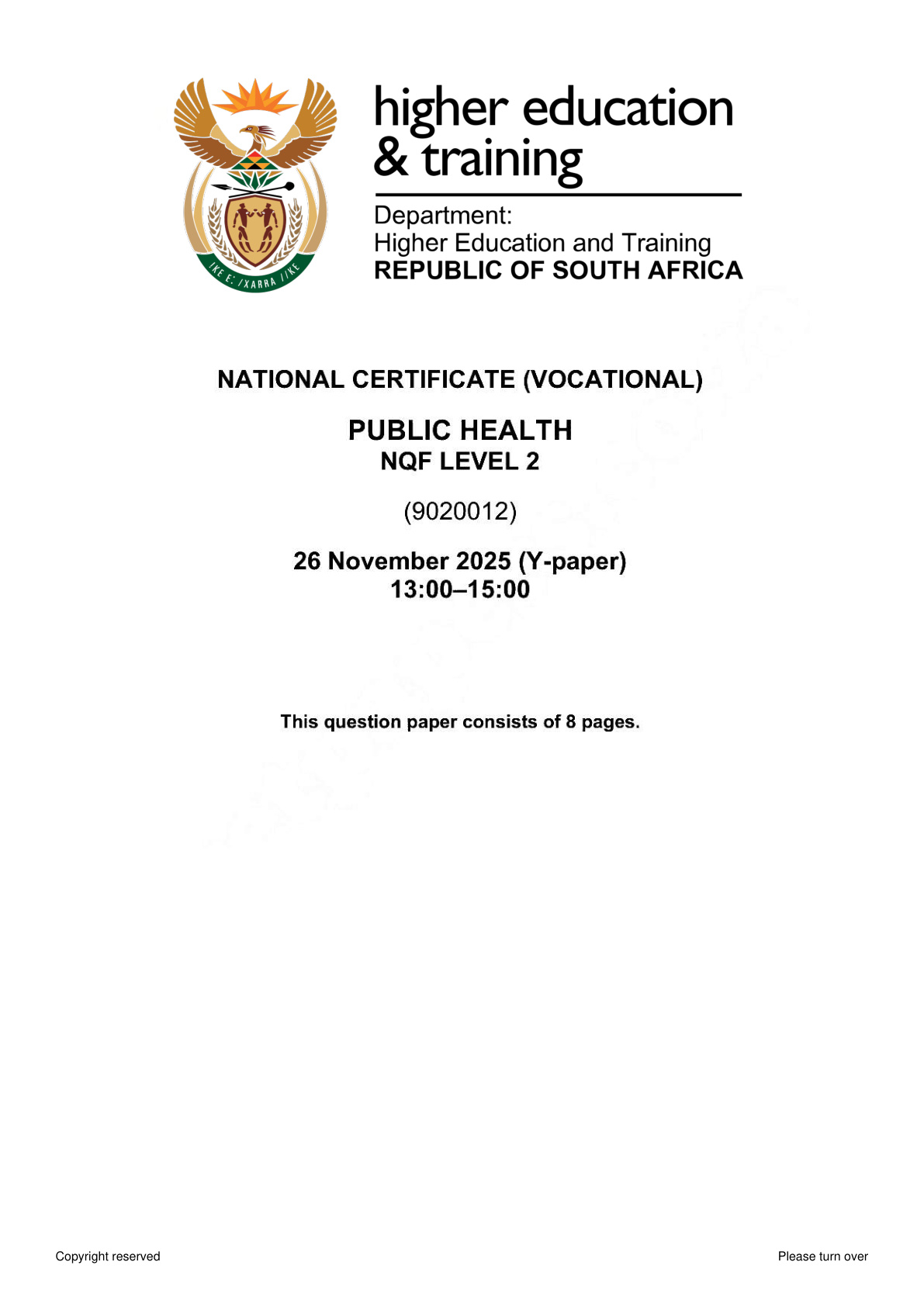 Public Health Level 2 DHET NCV November 2025 - Question Paper