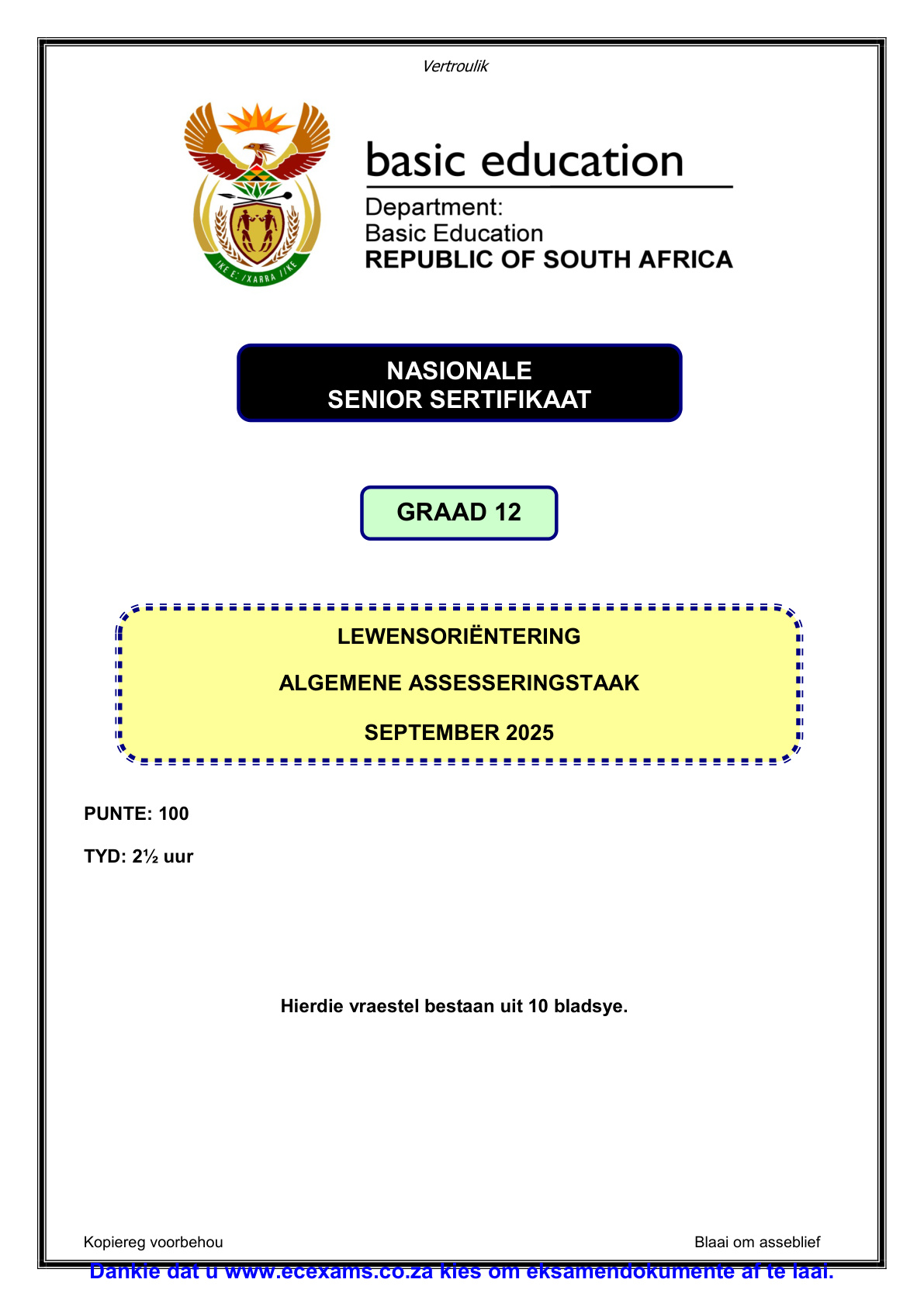 Life Orientation Grade 12 DBE NSC September 2025 - Question Paper (Eastern Cape)