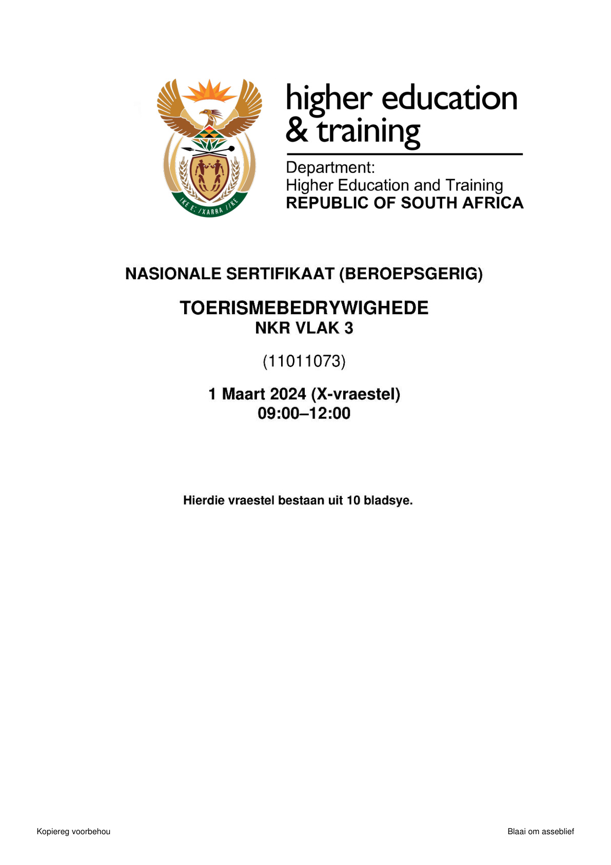 Tourism Operations Level 3 DHET NCV 2024 - Question Paper