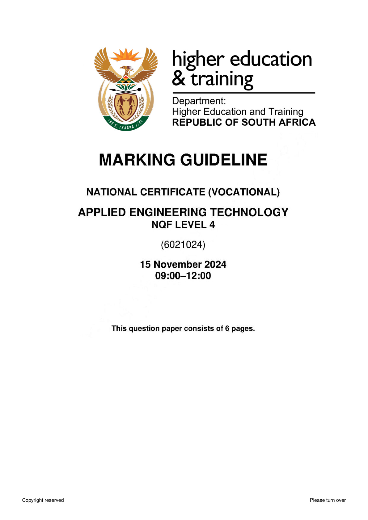 Applied Engineering Technology Level 4 DHET NCV November 2024 - Memo