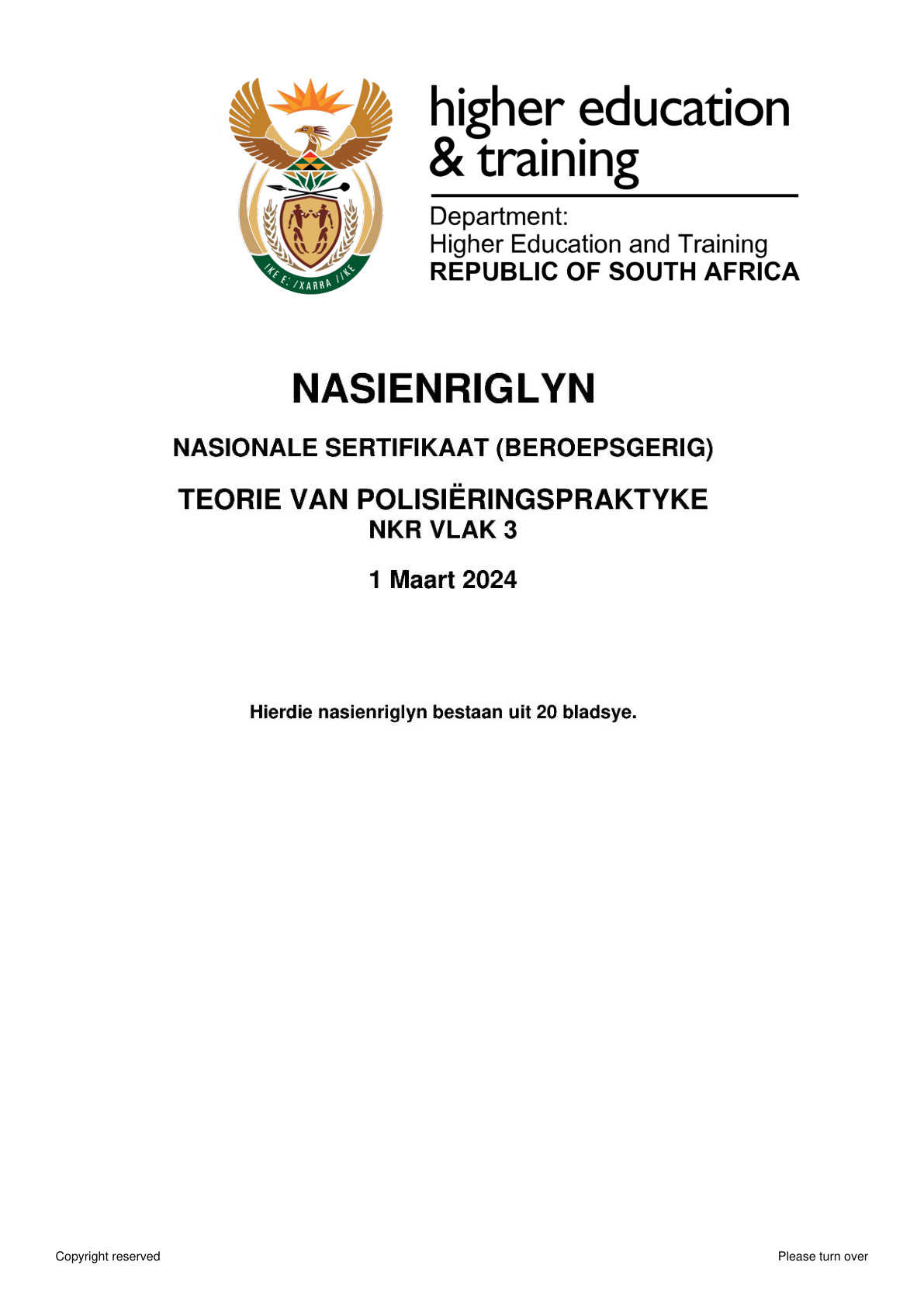 Theory of Policing Practices Level 3 DHET NCV 2024 - Memo