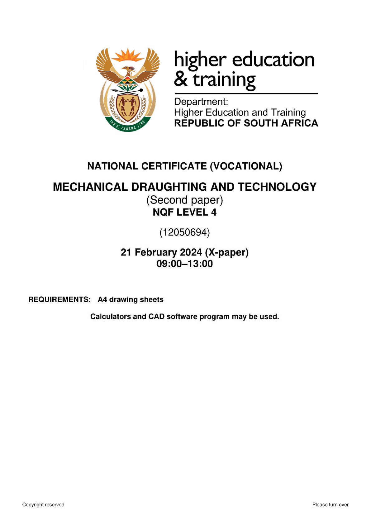 Mechanical Draughting and Technology Level 4 DHET NCV 2024 Paper 2 - Question Paper