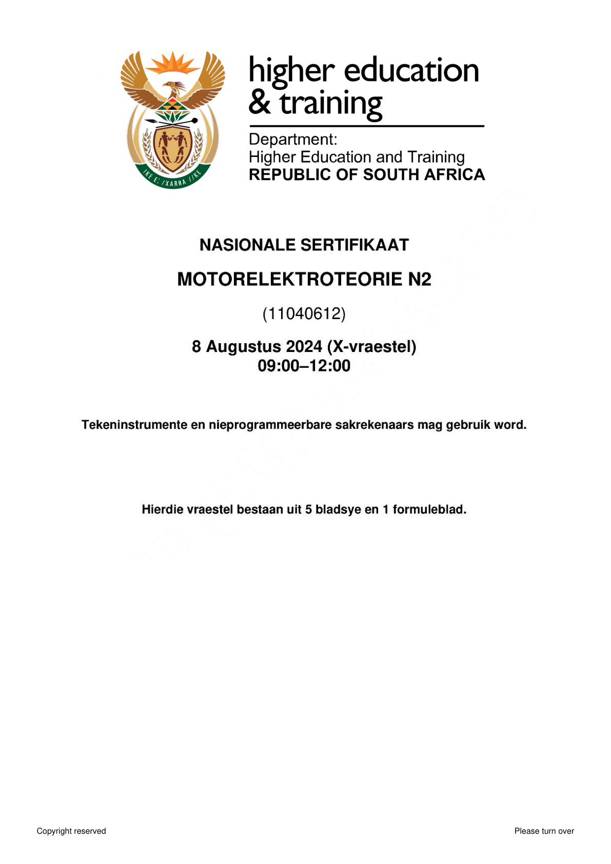Motor Electrical Theory N2 DHET NATED August 2024 Paper X - Question Paper
