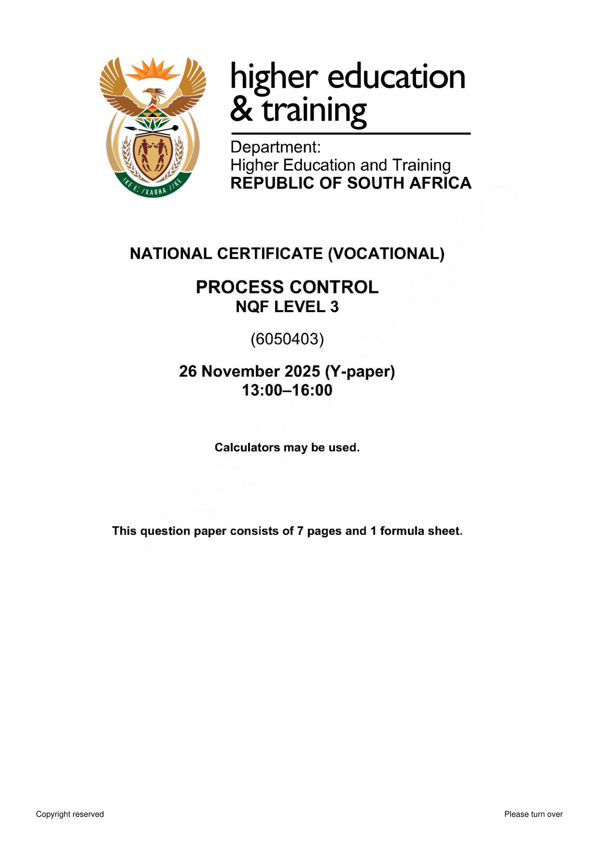 Process Control Level 3 DHET NCV November 2025 - Question Paper