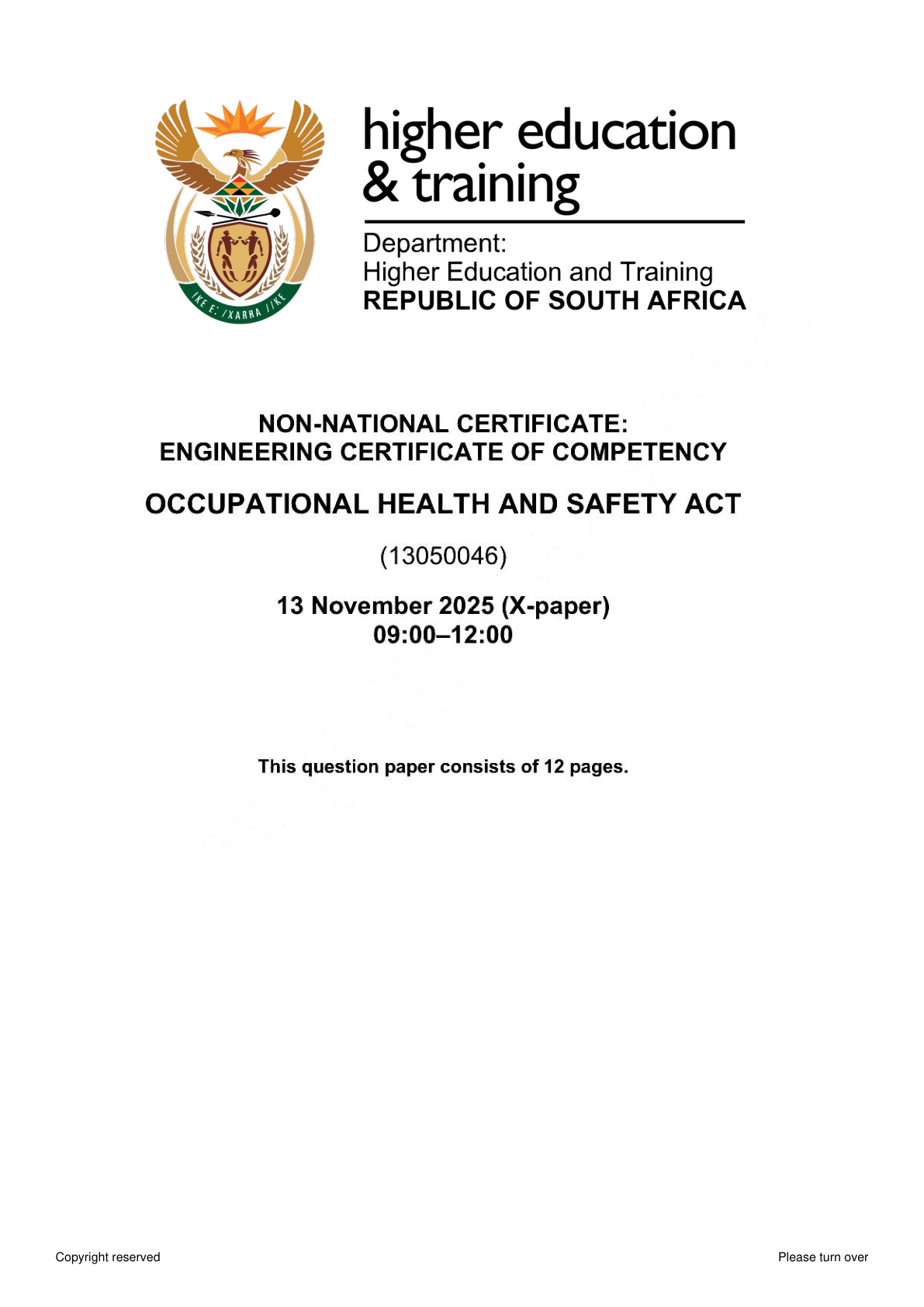 Occupational Health and Safety Certificate of Competency November 2025 Paper X - Question Paper