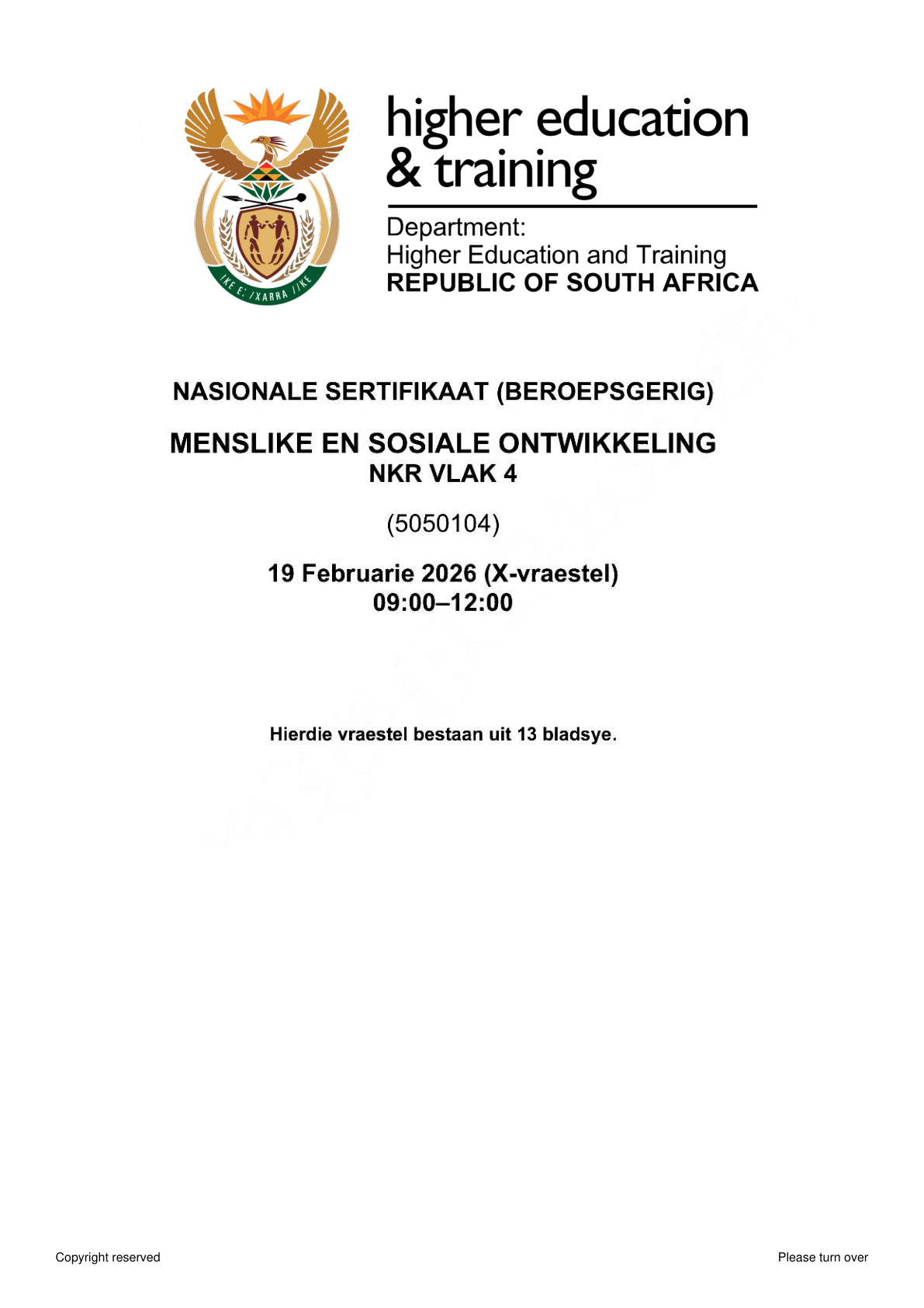 Human and Social Development Level 4 DHET NCV 2026 - Question Paper