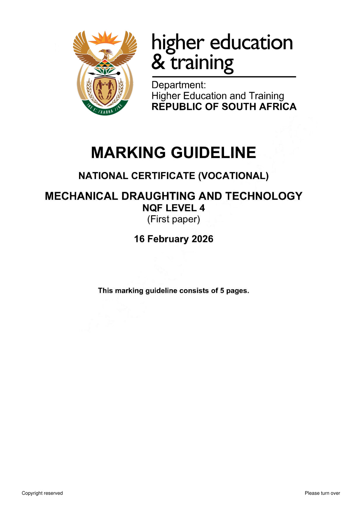 Mechanical Draughting and Technology Level 4 DHET NCV 2026 Paper 1 - Memo