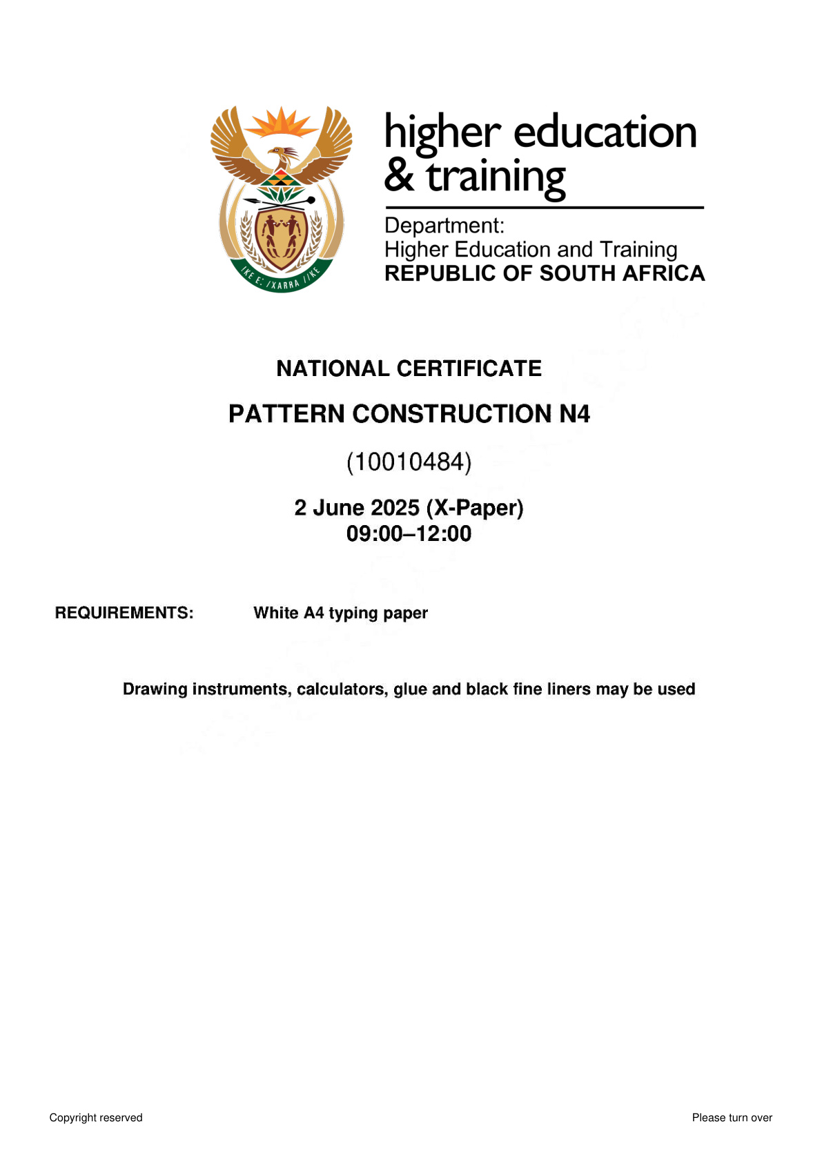 Pattern Construction N4 DHET NATED June 2025 Paper X - Question Paper