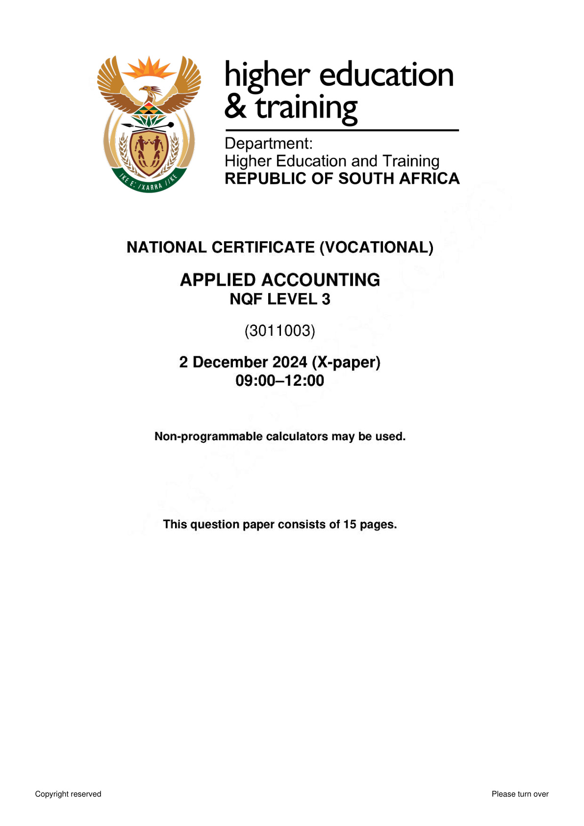 Applied Accounting Level 3 DHET NCV November 2024 - Question Paper