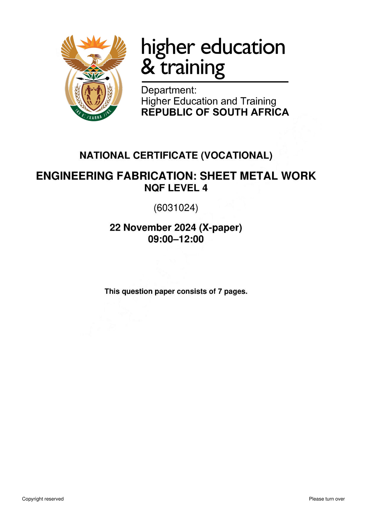 Engineering Fabrication: Sheet Metal Work Level 4 DHET NCV November 2024 - Question Paper