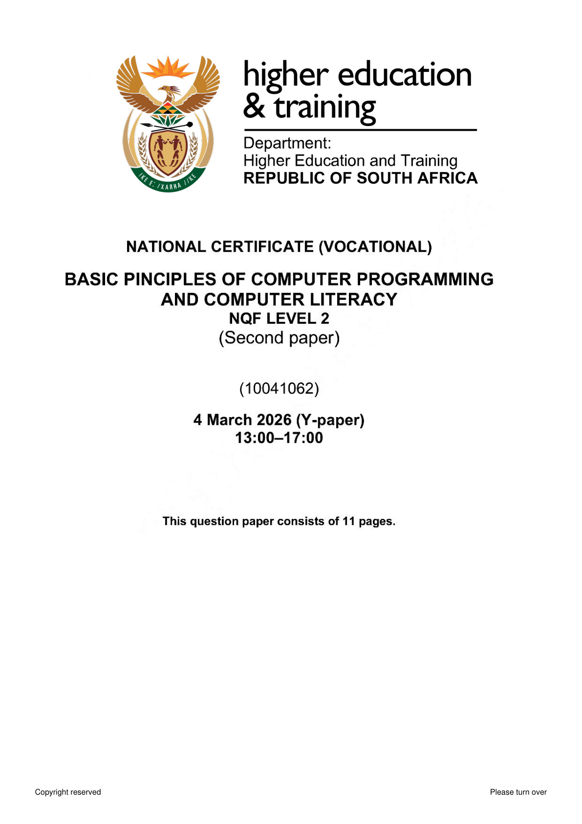 Basic Principles of Computer Programming and Computer Literacy Level 2 DHET NCV 2026 Paper 2 - Question Paper