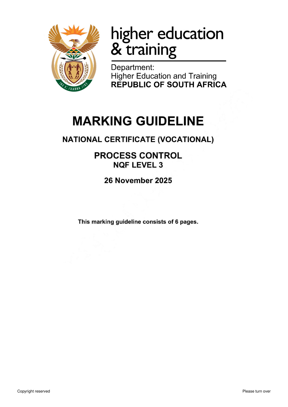 Process Control Level 3 DHET NCV November 2025 - Memo