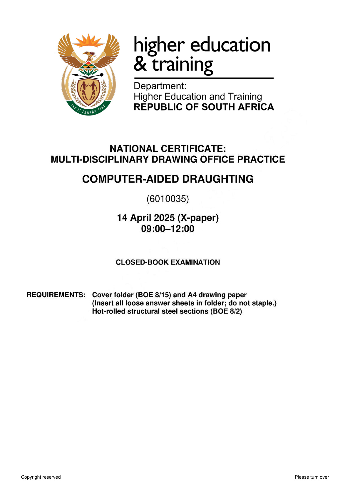 Computer Aided Draughting DHET NATED April 2025 - Question Paper