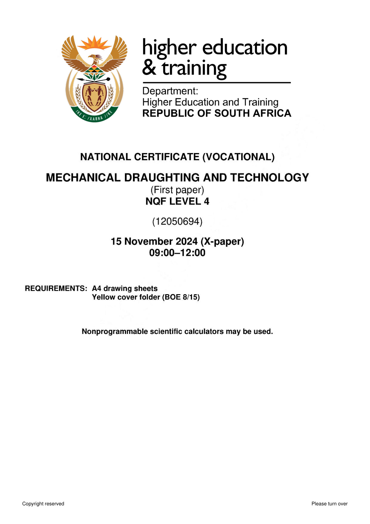 Mechanical Draughting and Technology Level 4 DHET NCV November 2024 Paper 1 - Question Paper