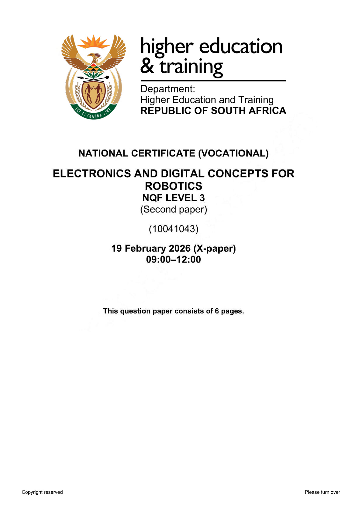 Electronics and Digital Concepts for Robotics Level 3 DHET NCV February 2026 Paper 2 - Question Paper