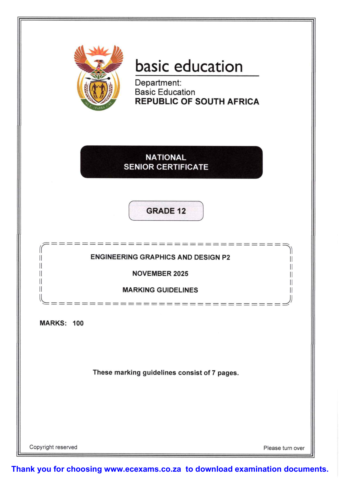 Engineering Graphics And Design Grade 12 DBE NSC November 2025 Paper 2 - Memo (Eastern Cape)