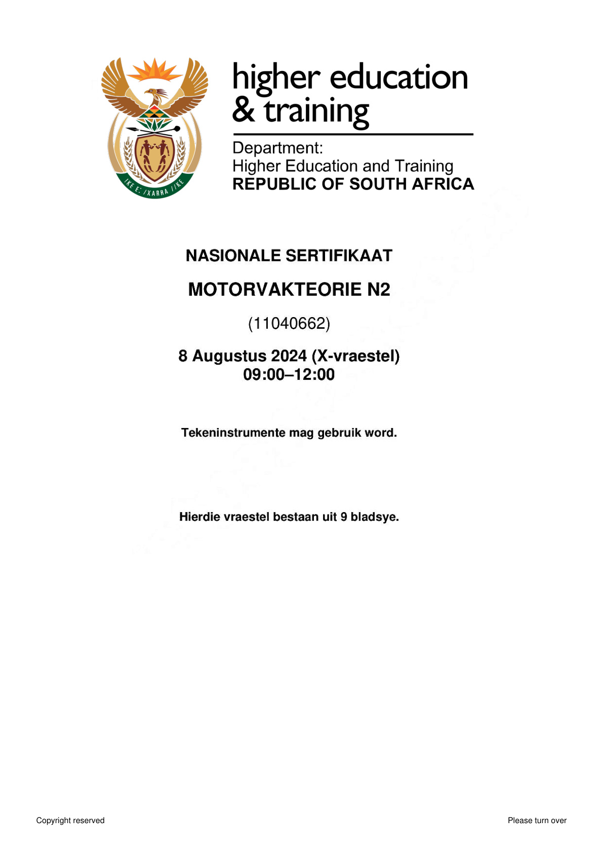 Motor Trade Theory N2 Dhet Nated August 2024 Paper 10 - Question Paper