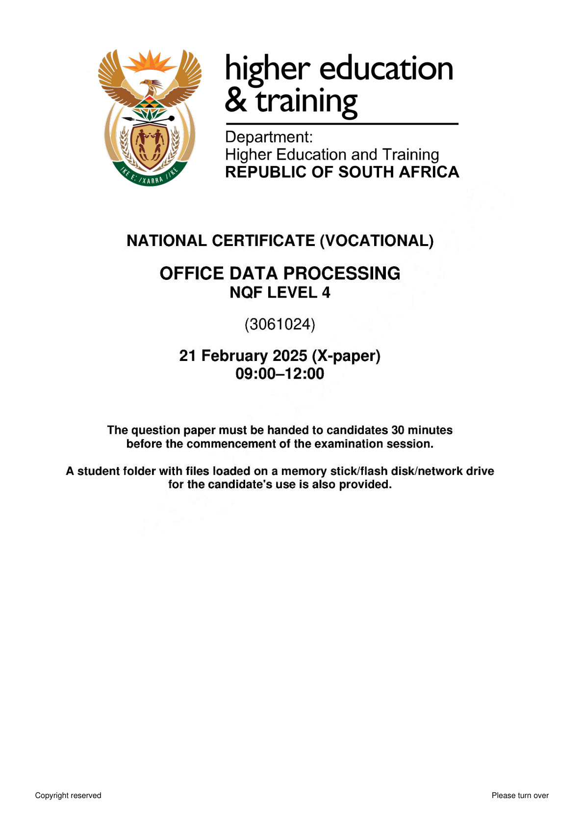 Office Data Processing Level 4 DHET NCV February 2025 - Question Paper