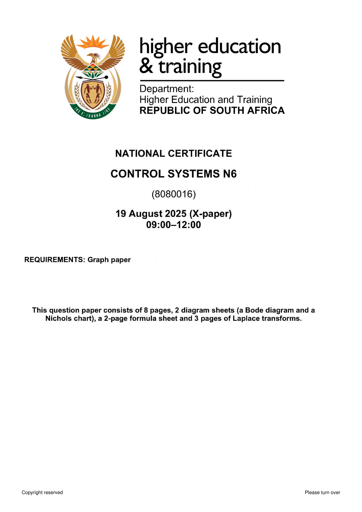 Control Systems N6 DHET NATED August 2025 Paper X - Question Paper