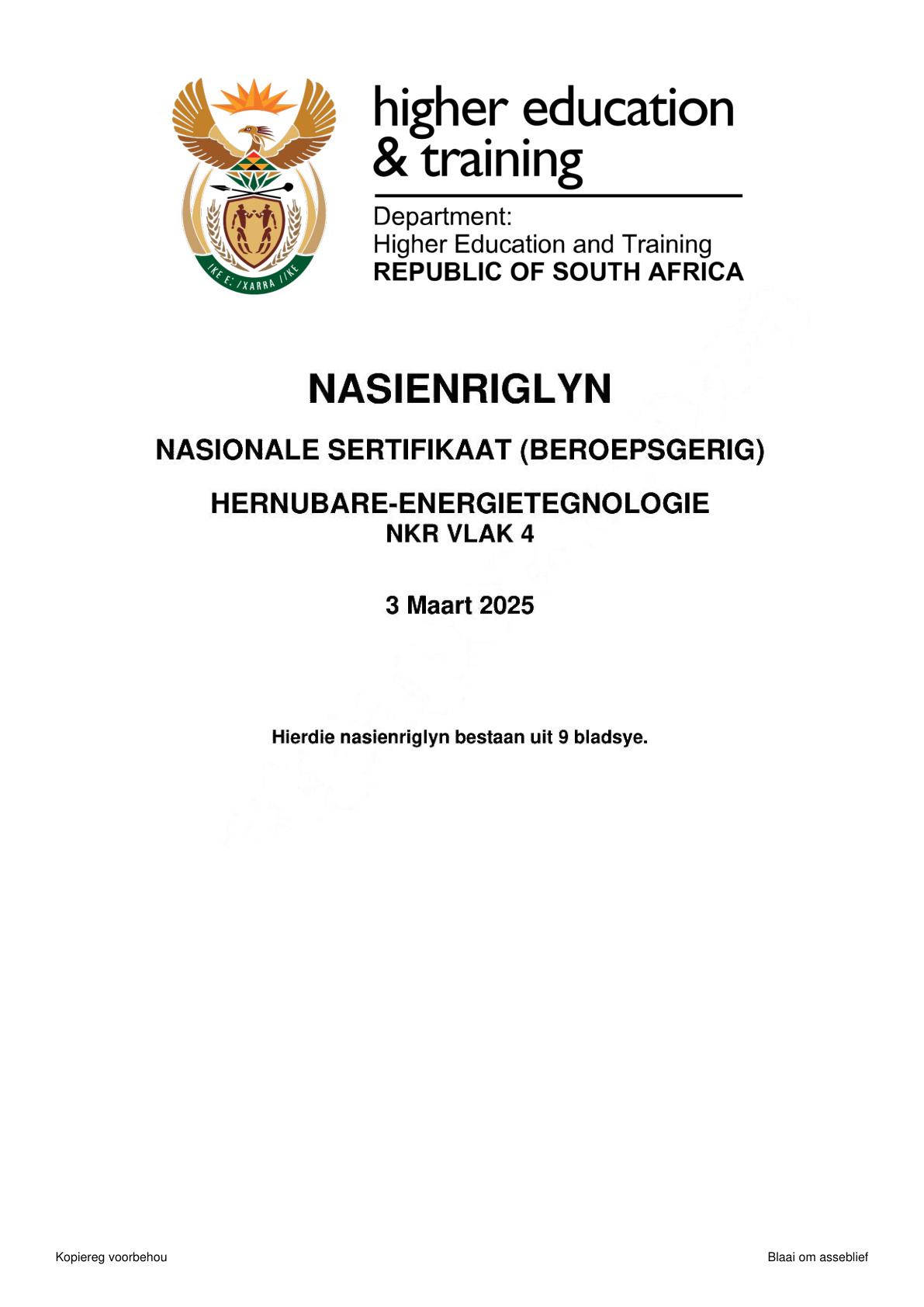Renewable Energy Technologies Level 4 DHET NCV February 2025 - Memo