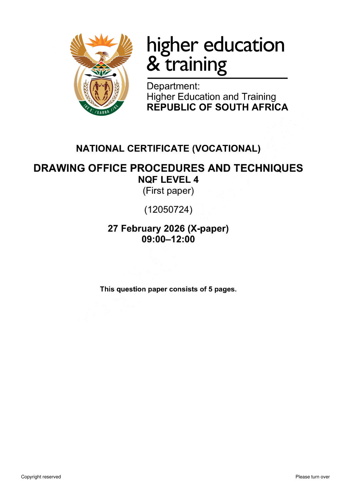 Drawing Office Procedures and Techniques Level 4 DHET NCV 2026 Paper 1 - Question Paper