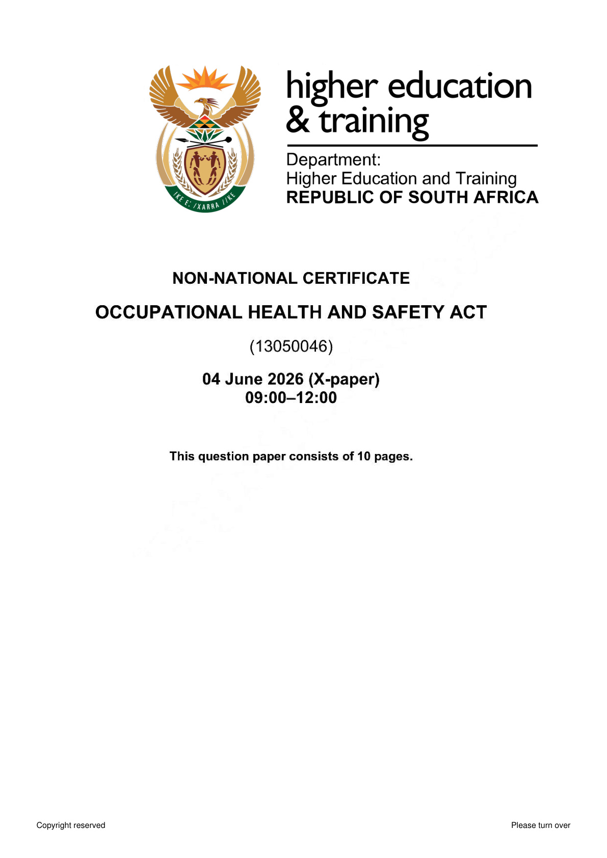 Occupational Health and Safety N1 DHET NATED June 2026 Paper X - Question Paper