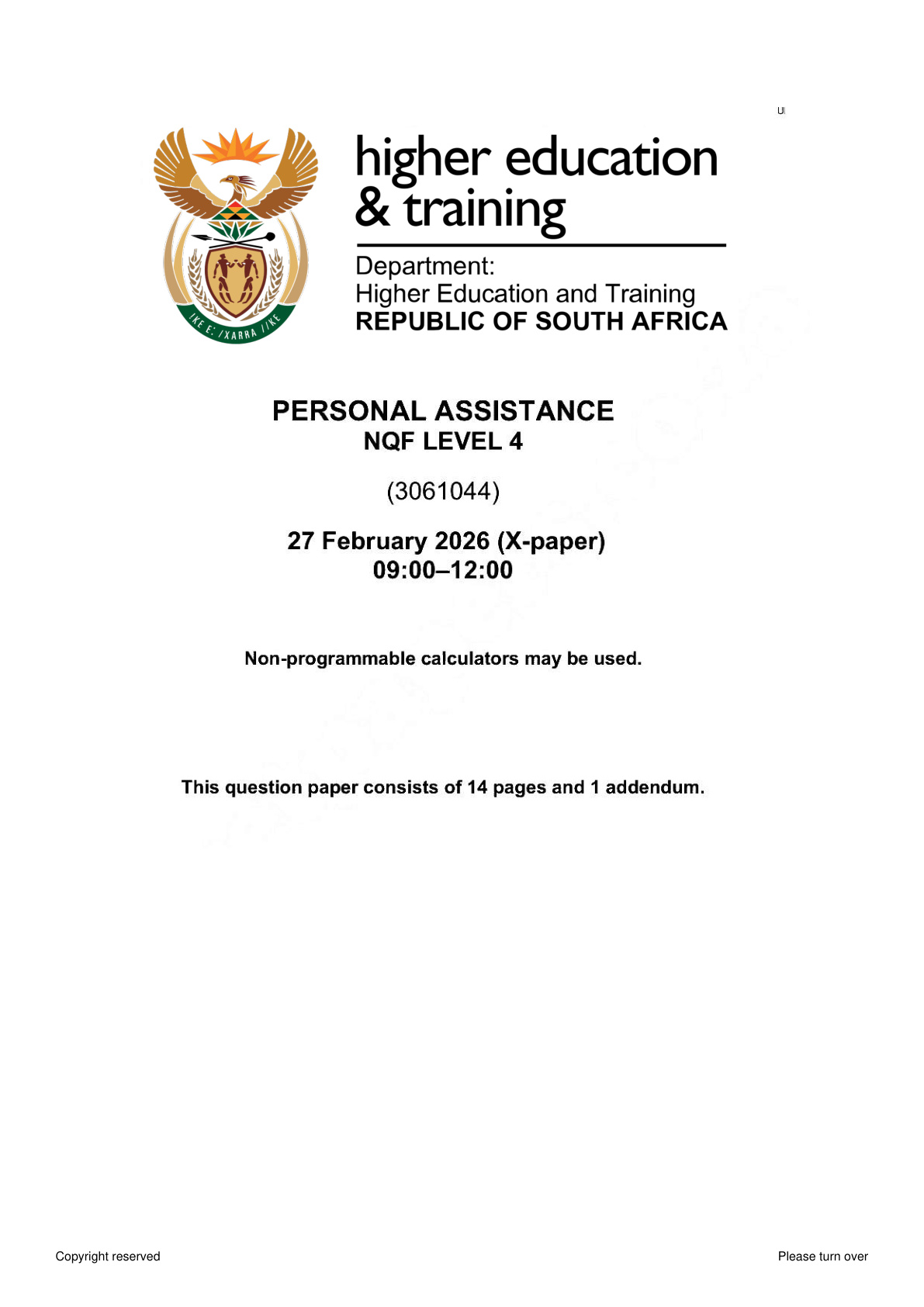 Personal Assistance Level 4 DHET NCV February 2026 - Question Paper