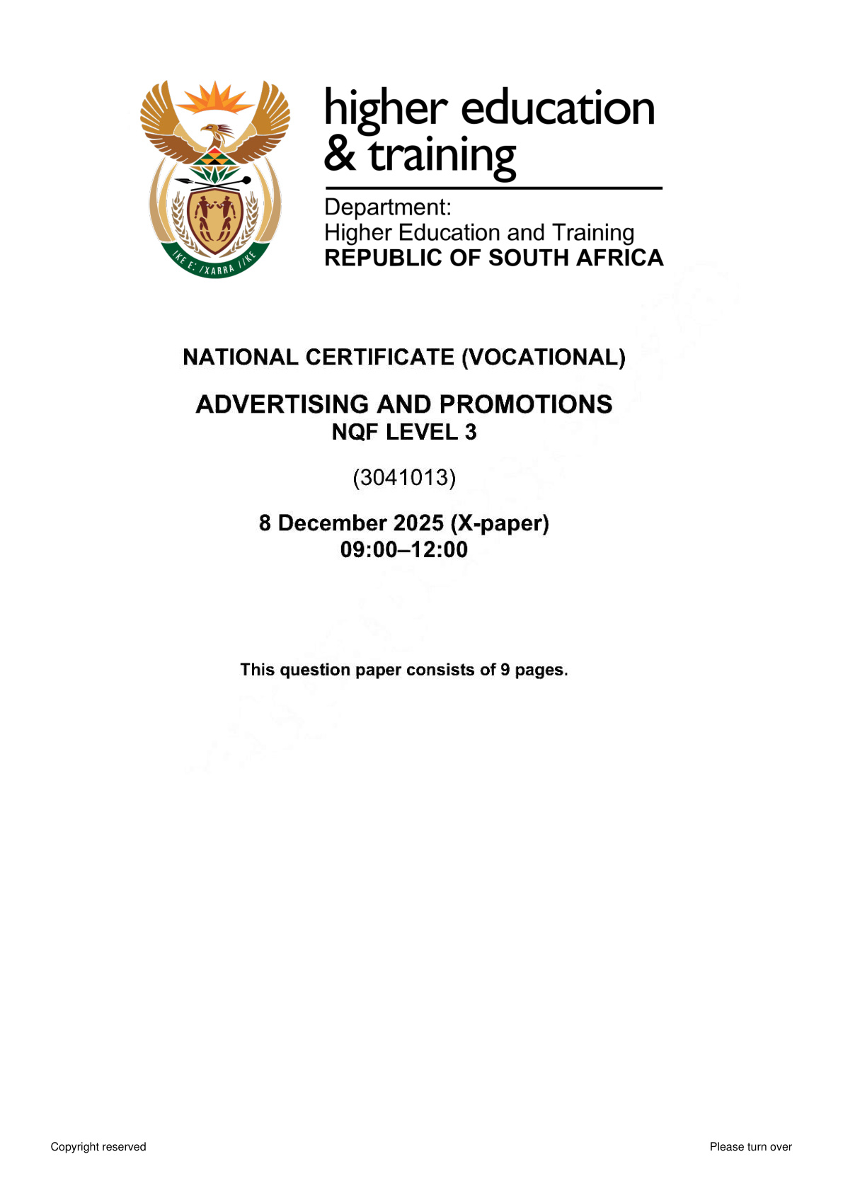 Advertising and Promotions Level 3 DHET NCV November 2025 - Question Paper