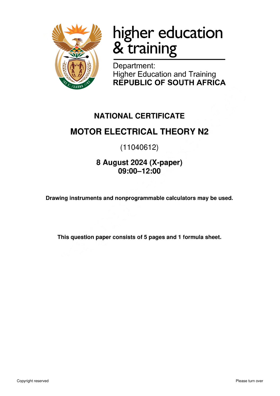 Motor Electrical Theory N2 DHET NATED August 2024 Paper X - Question Paper