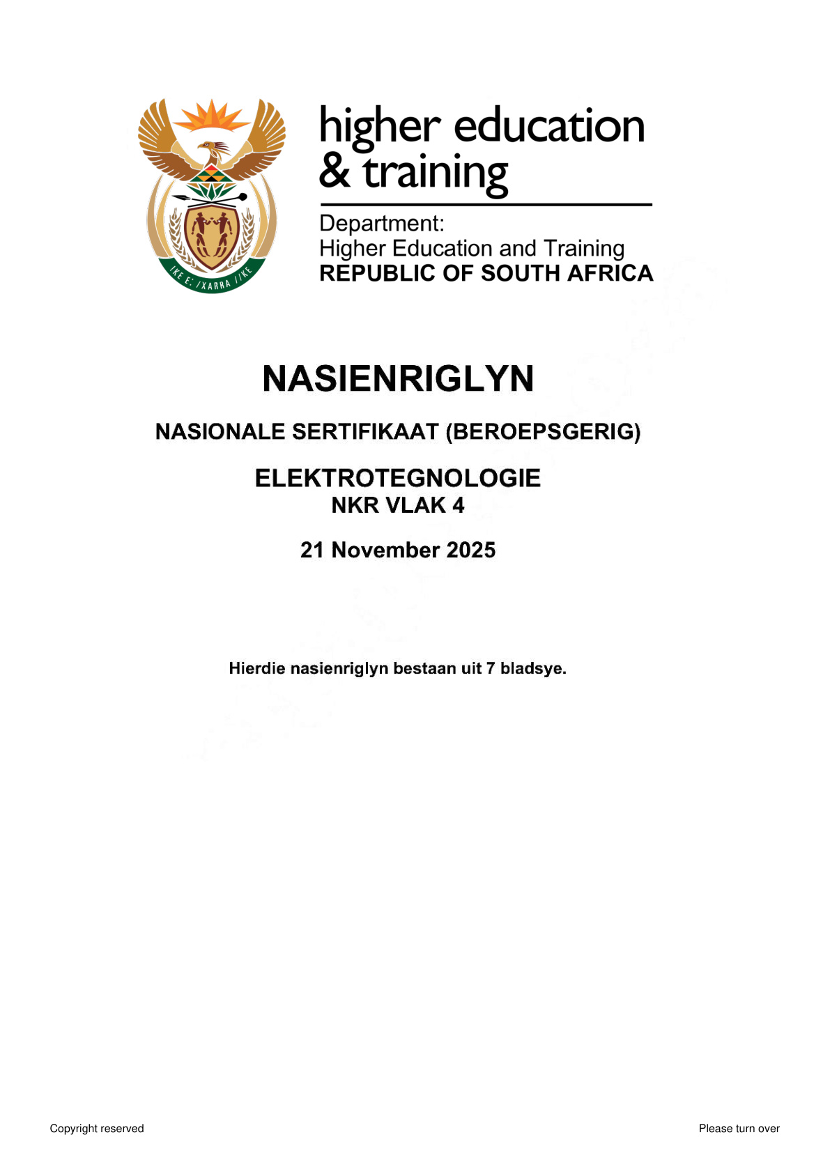 Electrotechnology Level 4 DHET NCV November 2025 - Memo