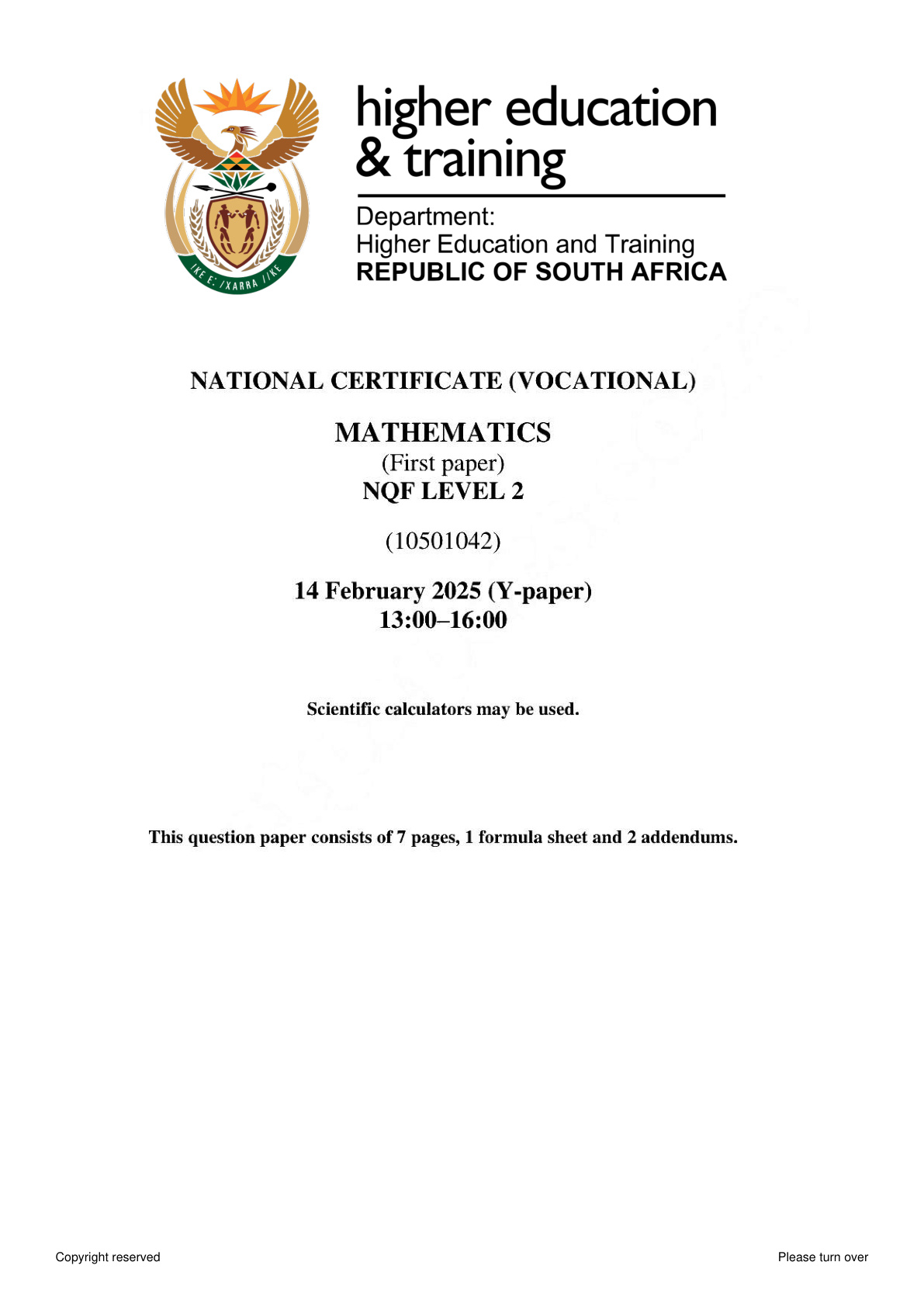 Mathematics Level 2 DHET NCV February 2025 Paper 1 - Question Paper