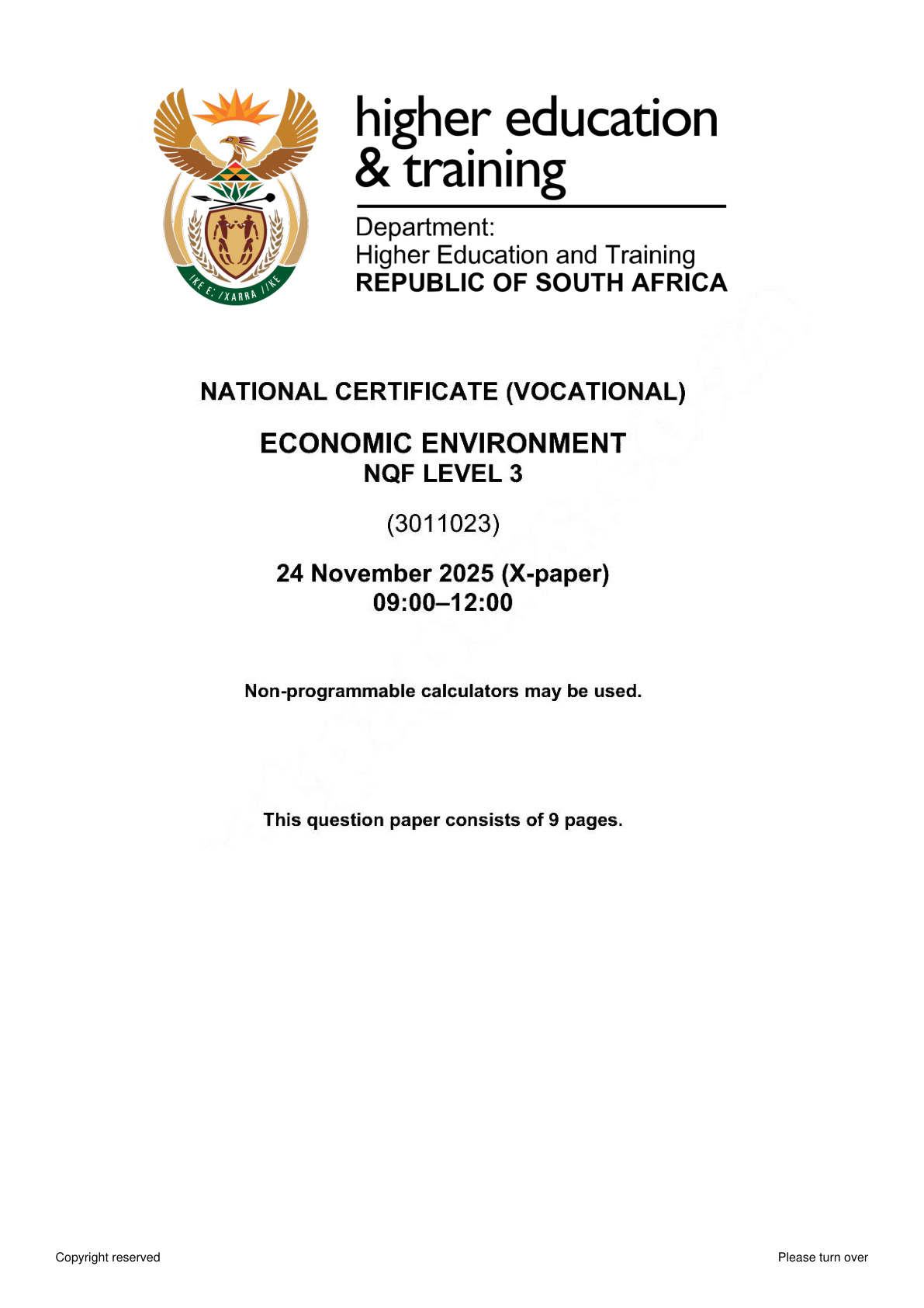 Economic Environment Level 3 DHET NCV November 2025 - Question Paper