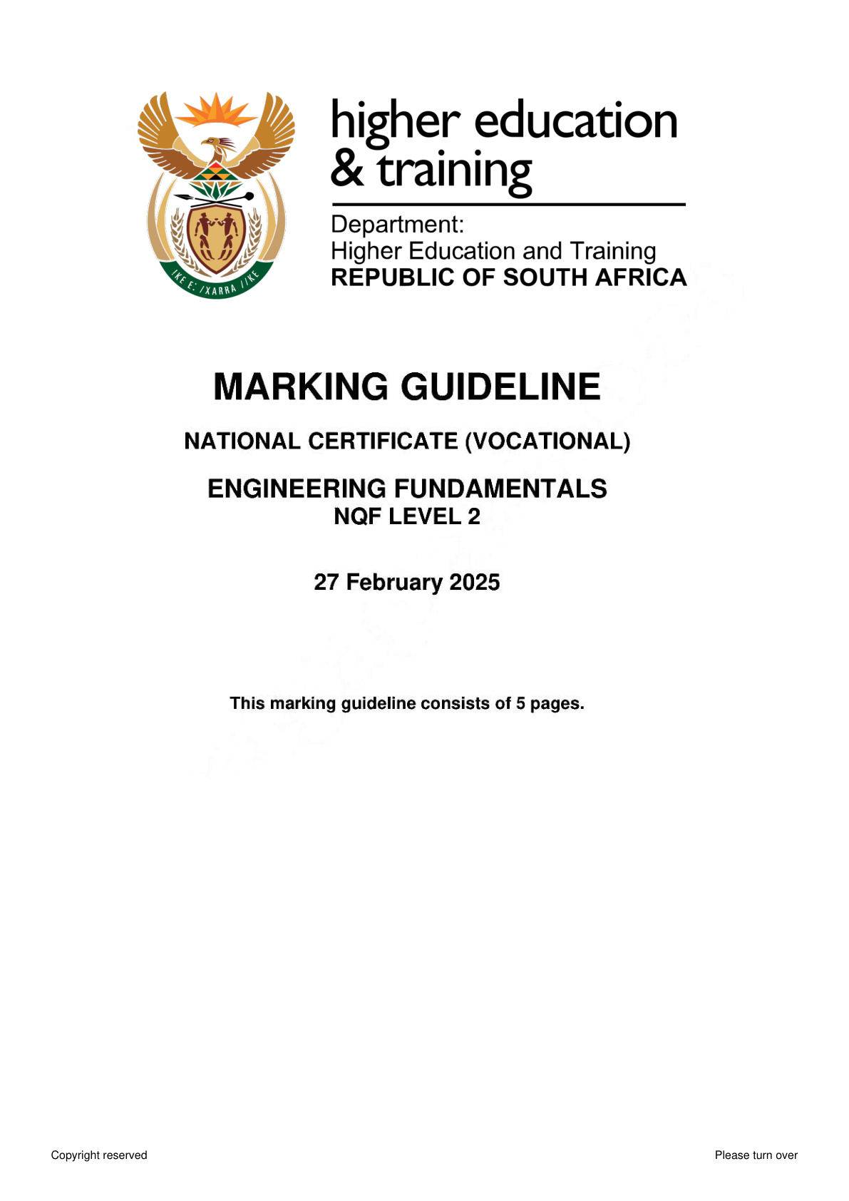 Engineering Fundamentals Level 2 DHET NCV February 2025 - Memo
