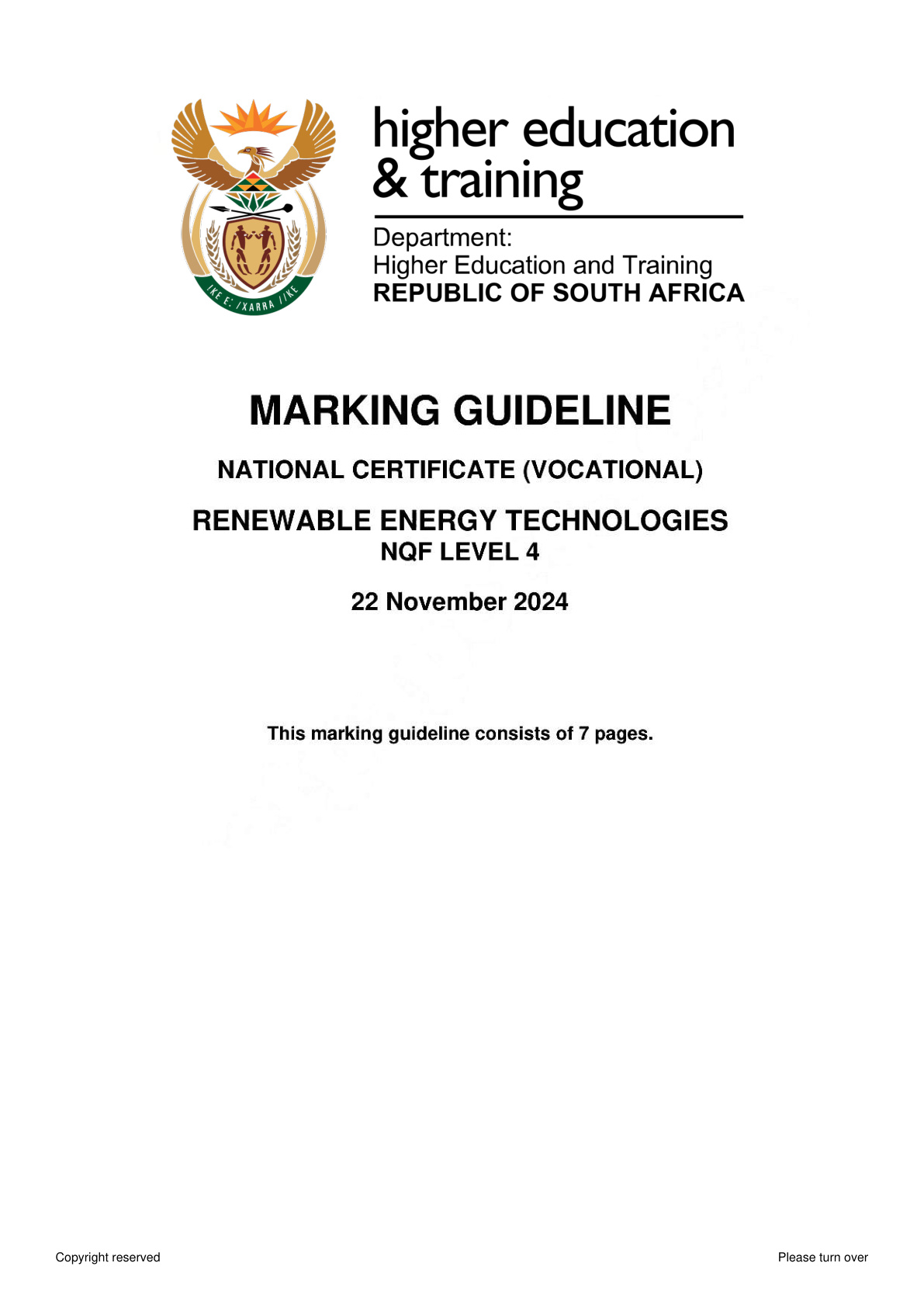 Renewable Energy Technologies Level 4 DHET NCV November 2024 - Memo