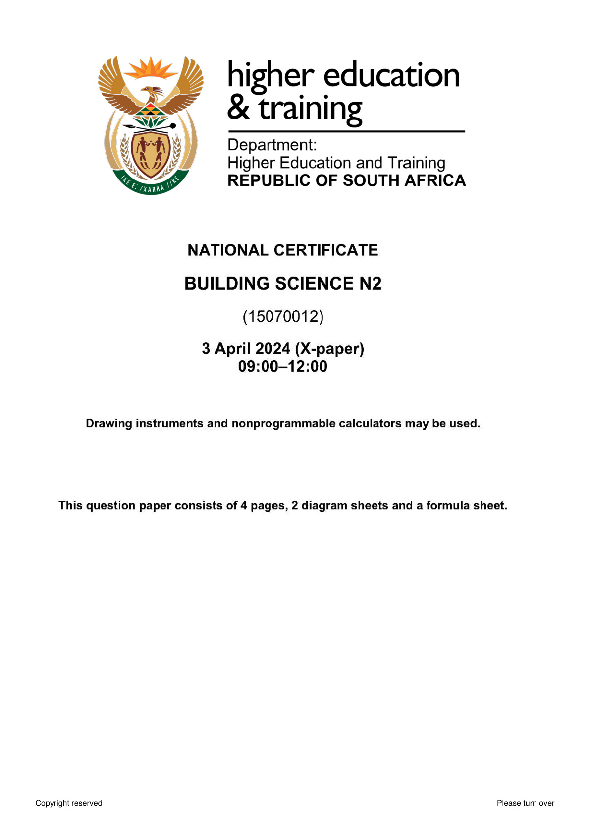 Building Science N2 DHET NATED April 2024 Paper X - Question Paper
