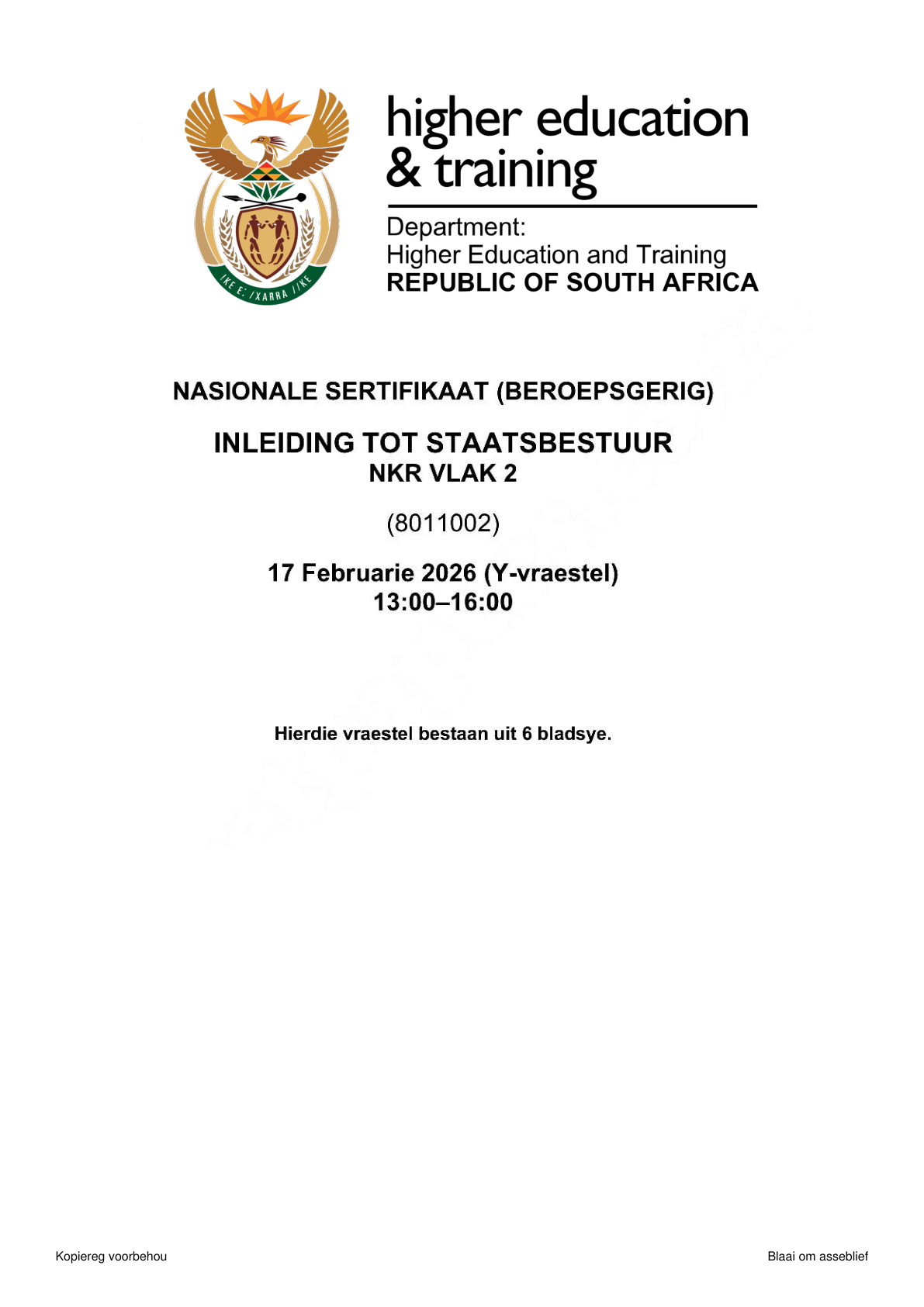 Introduction to Public Administration Level 2 DHET NCV 2026 - Question Paper