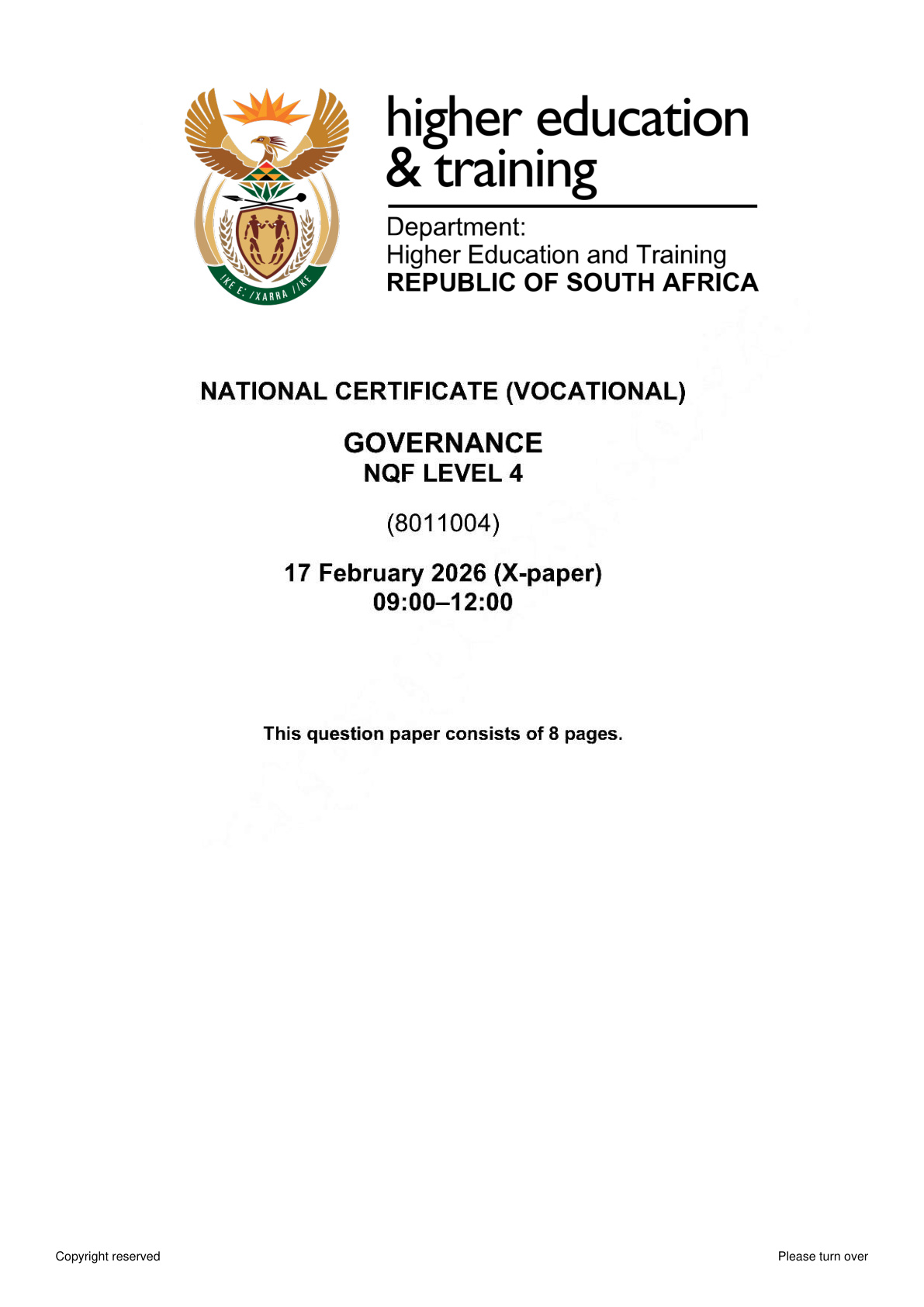 Governance Level 4 DHET NCV 2026 - Question Paper
