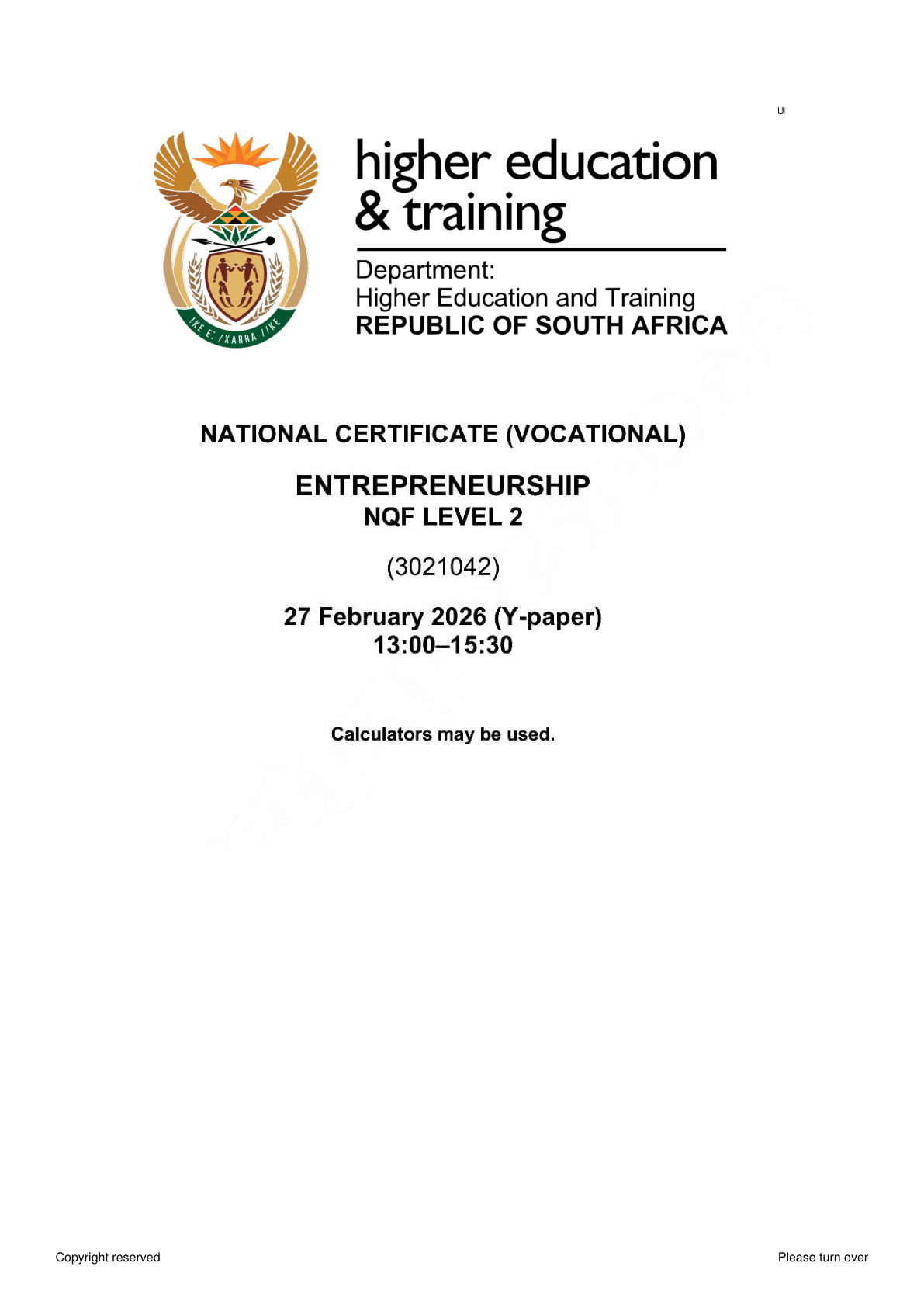 Entrepreneurship Level 2 DHET NCV 2026 - Question Paper