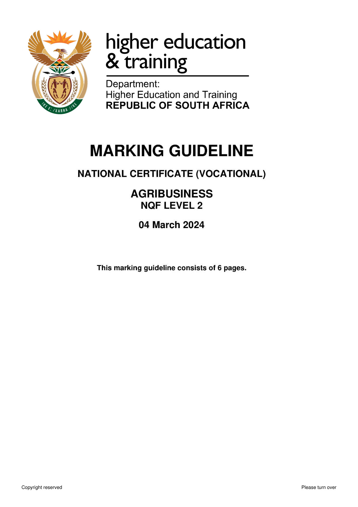 Agribusiness Level 2 DHET NCV 2024 - Memo