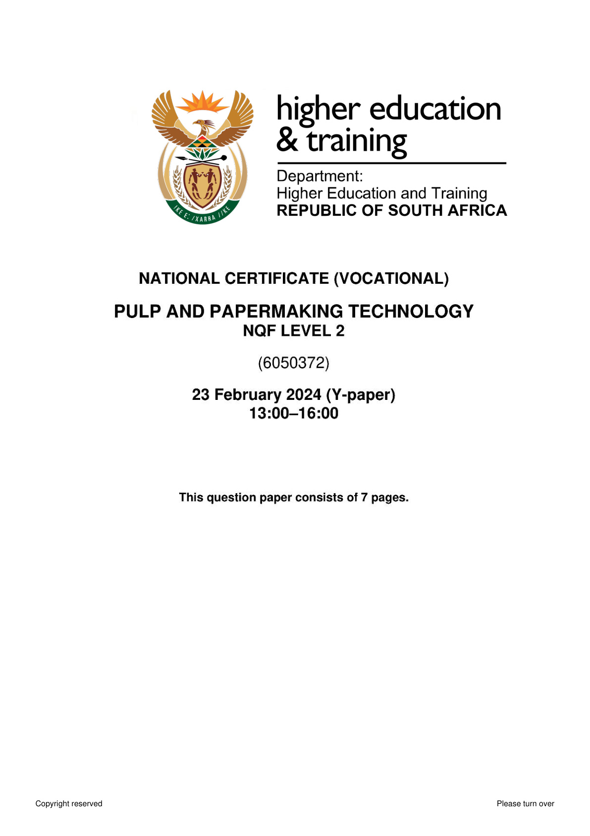 Pulp and Papermaking Technology Level 2 DHET NCV 2024 - Question Paper