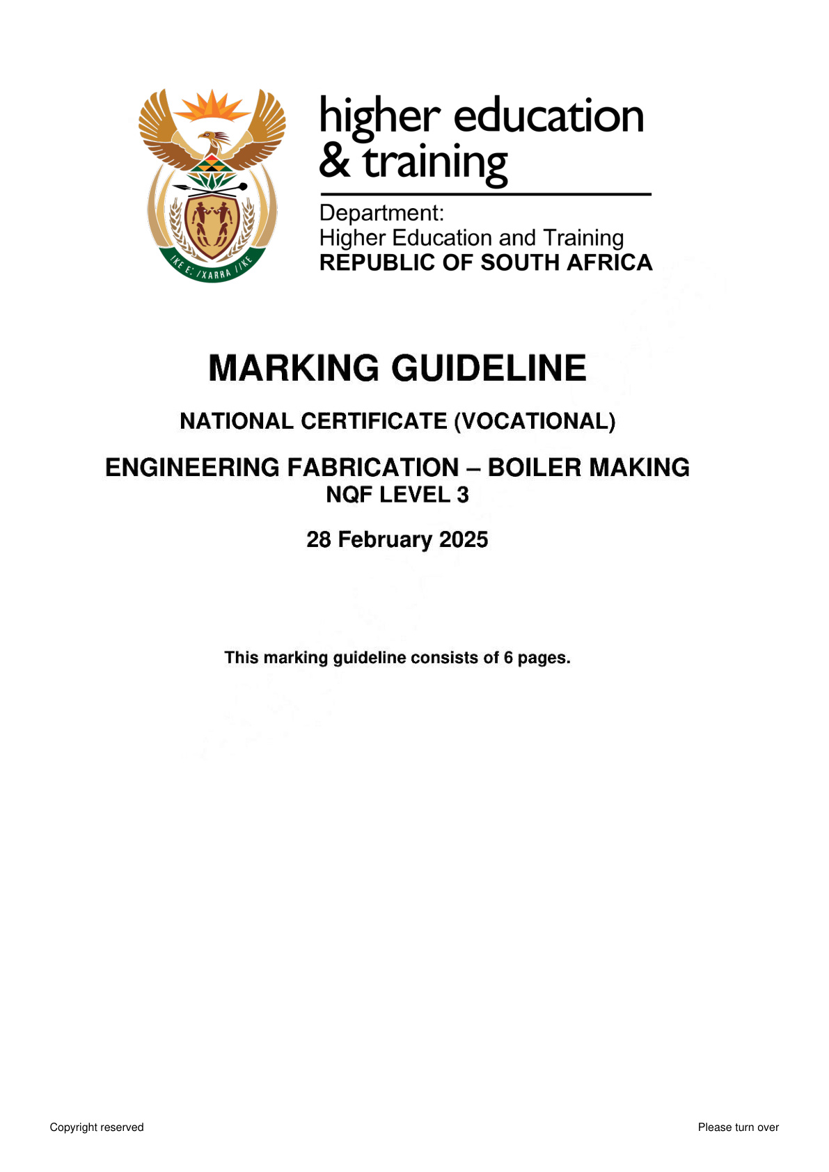Engineering Fabrication: Boilermaking Level 3 DHET NCV February 2025 - Memo