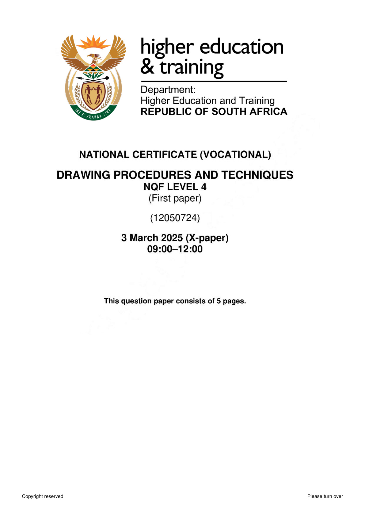 Drawing Office Procedures and Techniques Level 4 DHET NCV February 2025 Paper 1 - Question Paper