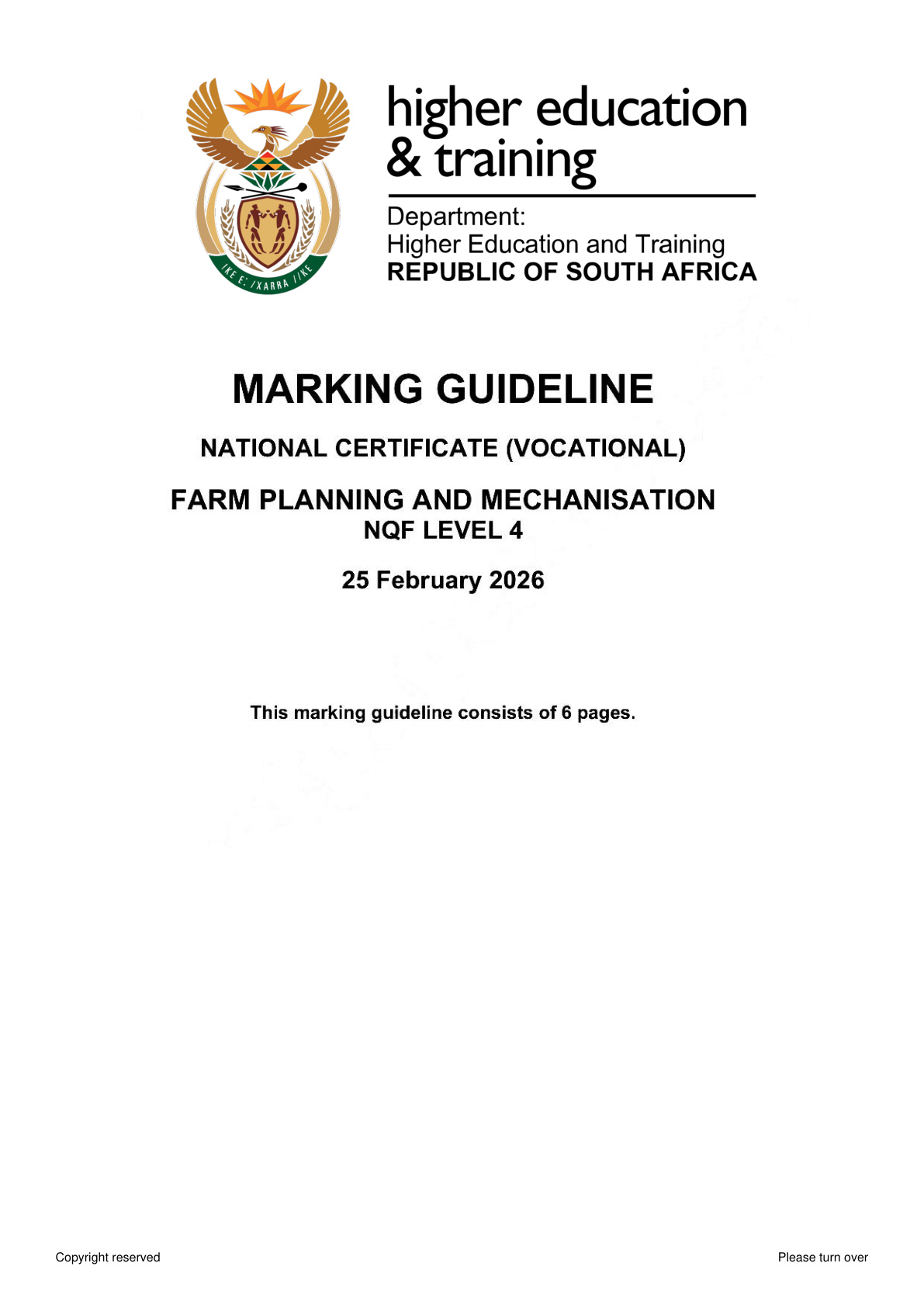 Farm Planning and Mechanisation Level 4 DHET NCV February 2026 - Memo