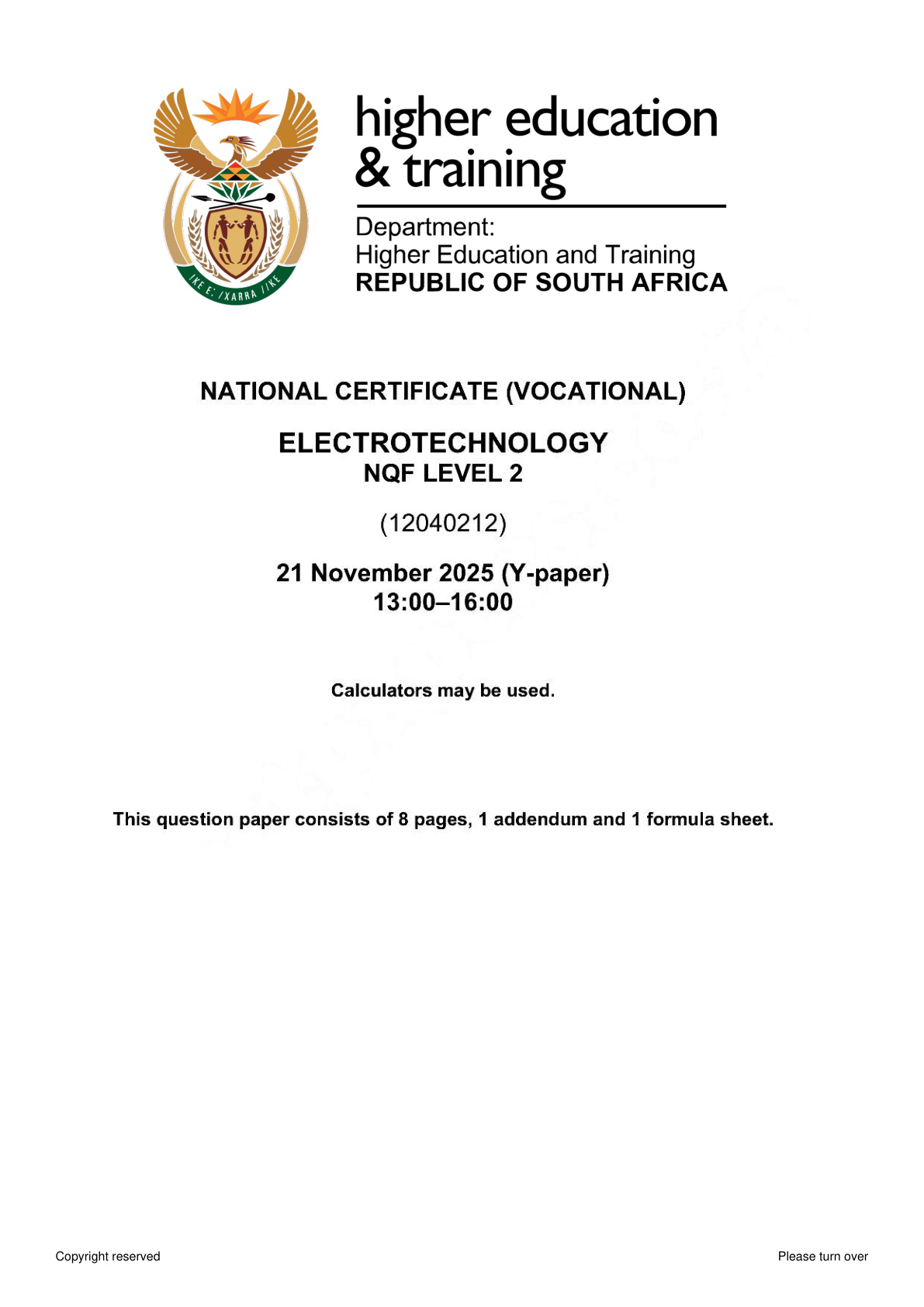 Electrotechnology Level 2 Dhet NCV November 2025 - Question Paper