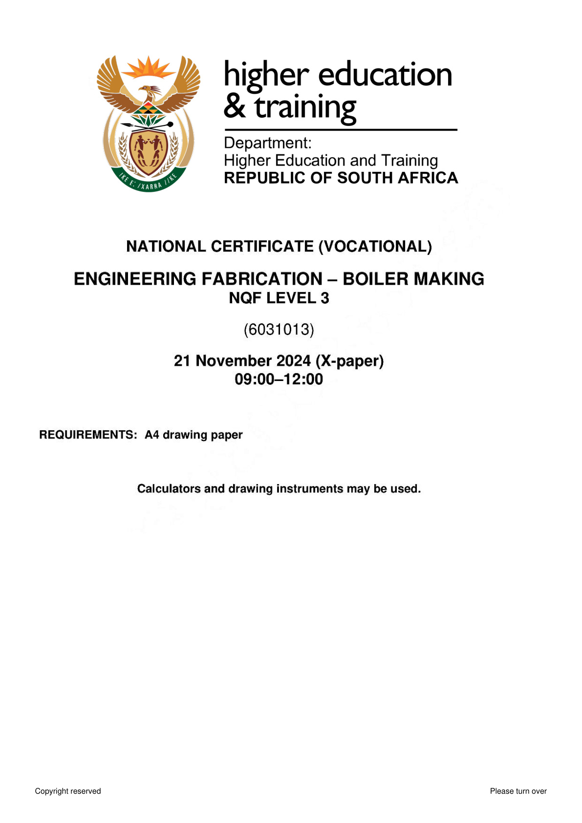 Engineering Fabrication: Boilermaking Level 3 DHET NCV November 2024 - Question Paper
