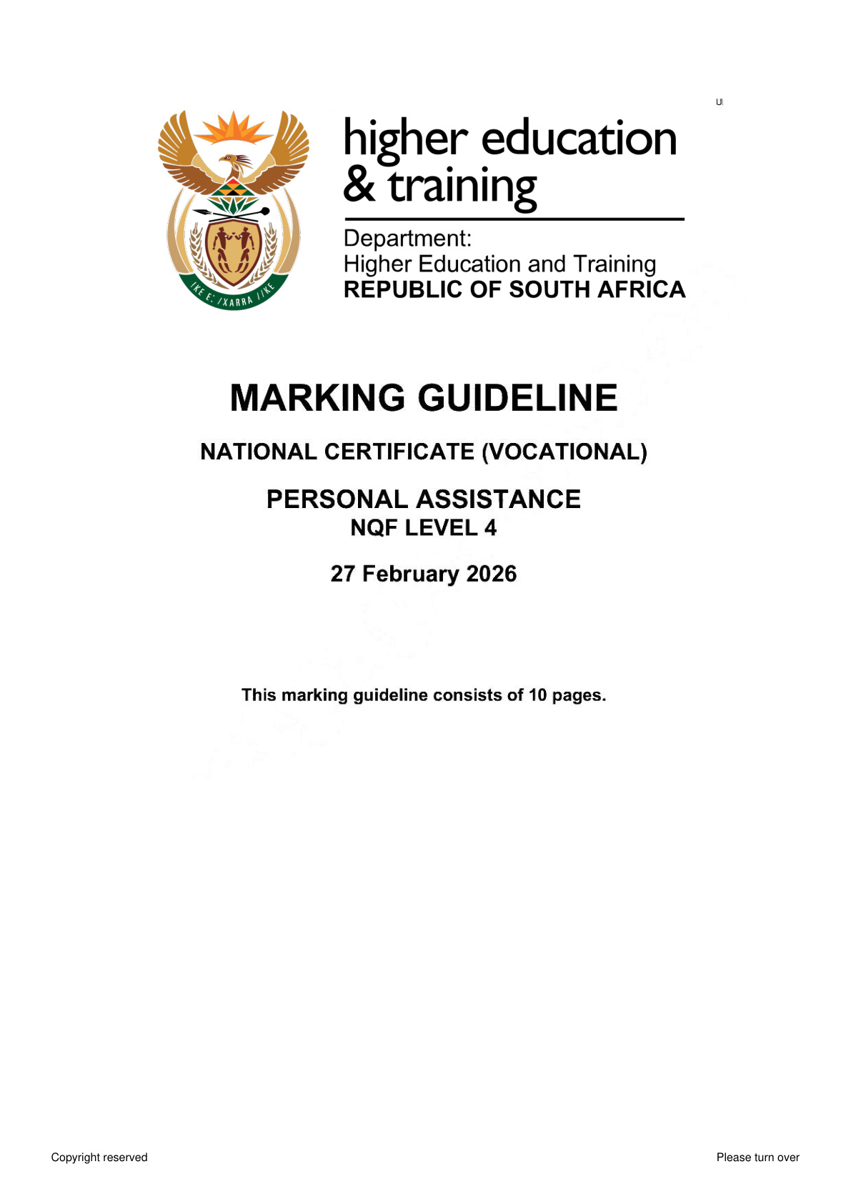 Personal Assistance Level 4 DHET NCV February 2026 - Memo