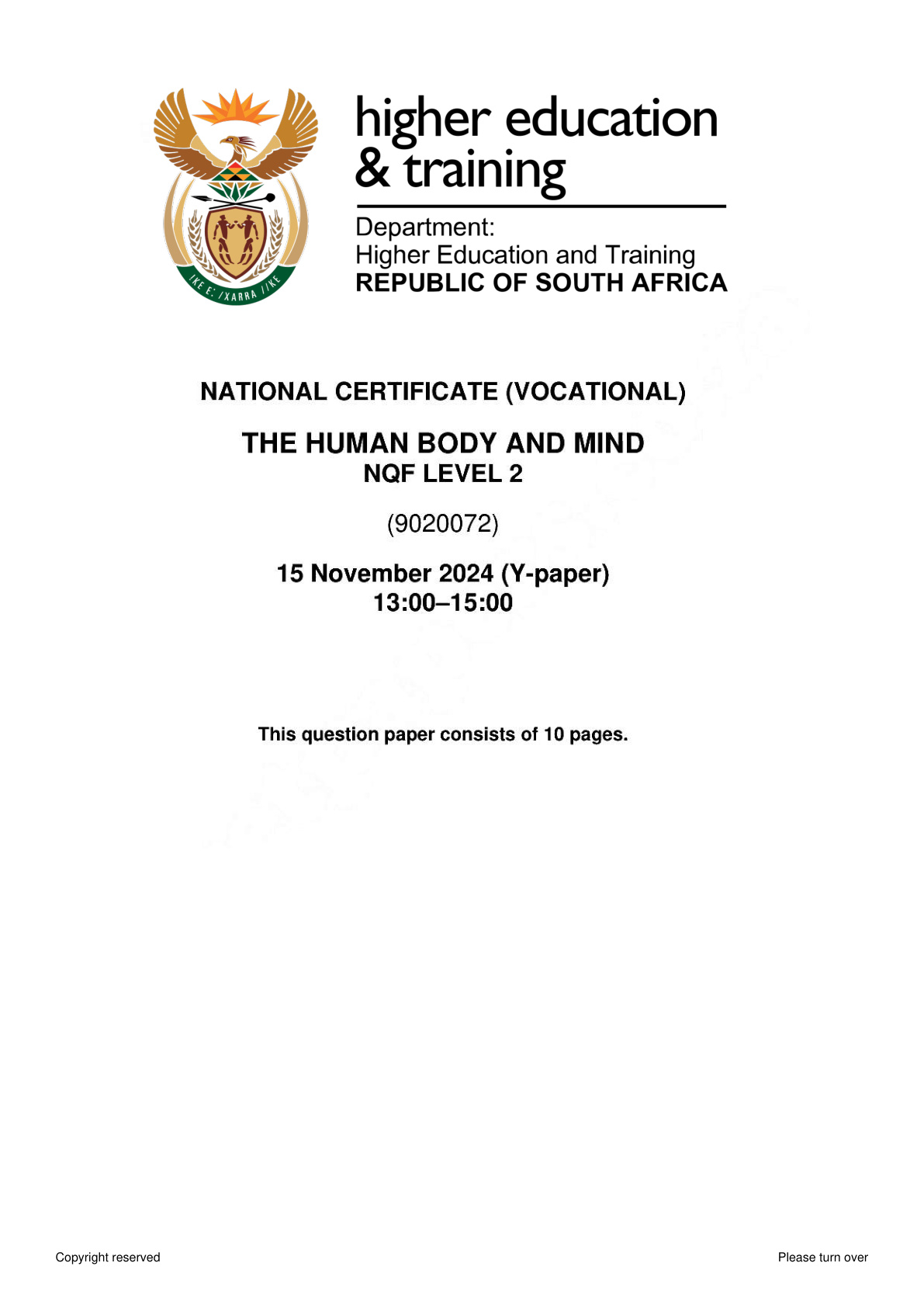 The Human Body and Mind Level 2 DHET NCV November 2024 - Question Paper