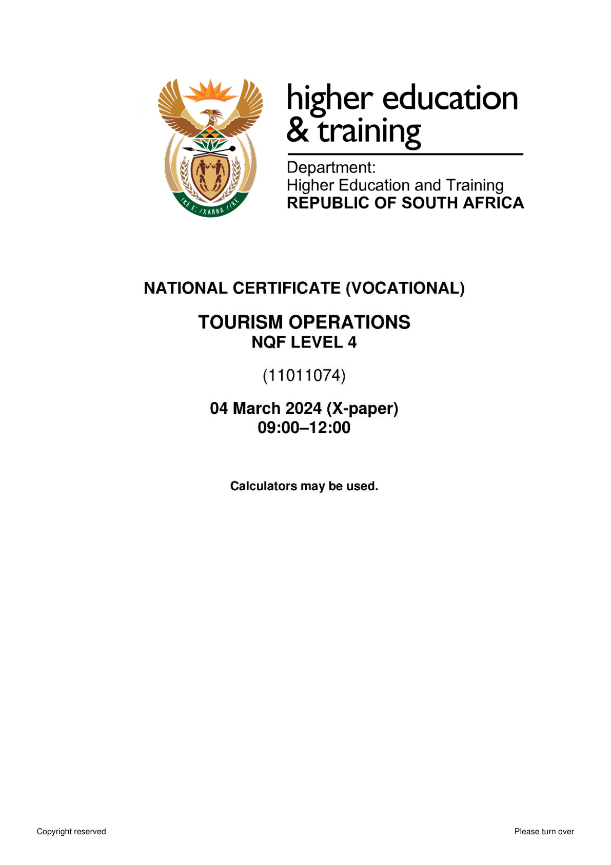 Tourism Operations Level 4 DHET NCV 2024 - Question Paper