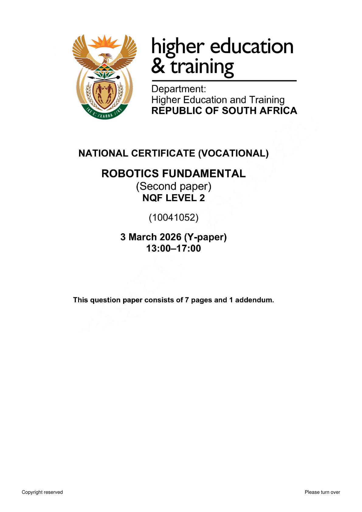 Robotics Fundamentals Level 2 DHET NCV 2026 Paper 2 - Question Paper